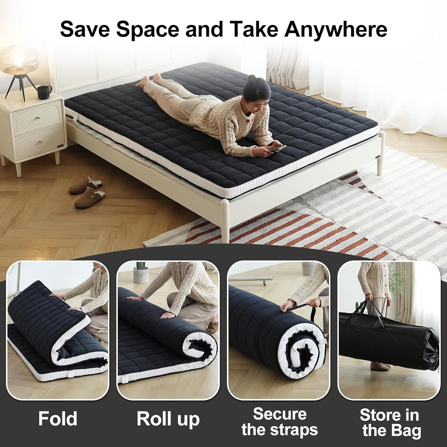 Tiita Japanese Floor Mattress, 4” Thicken Futon Mattress with Storage Bag and 2 Straps, Twin Size Sleeping Tatami Mat for Adults,Black