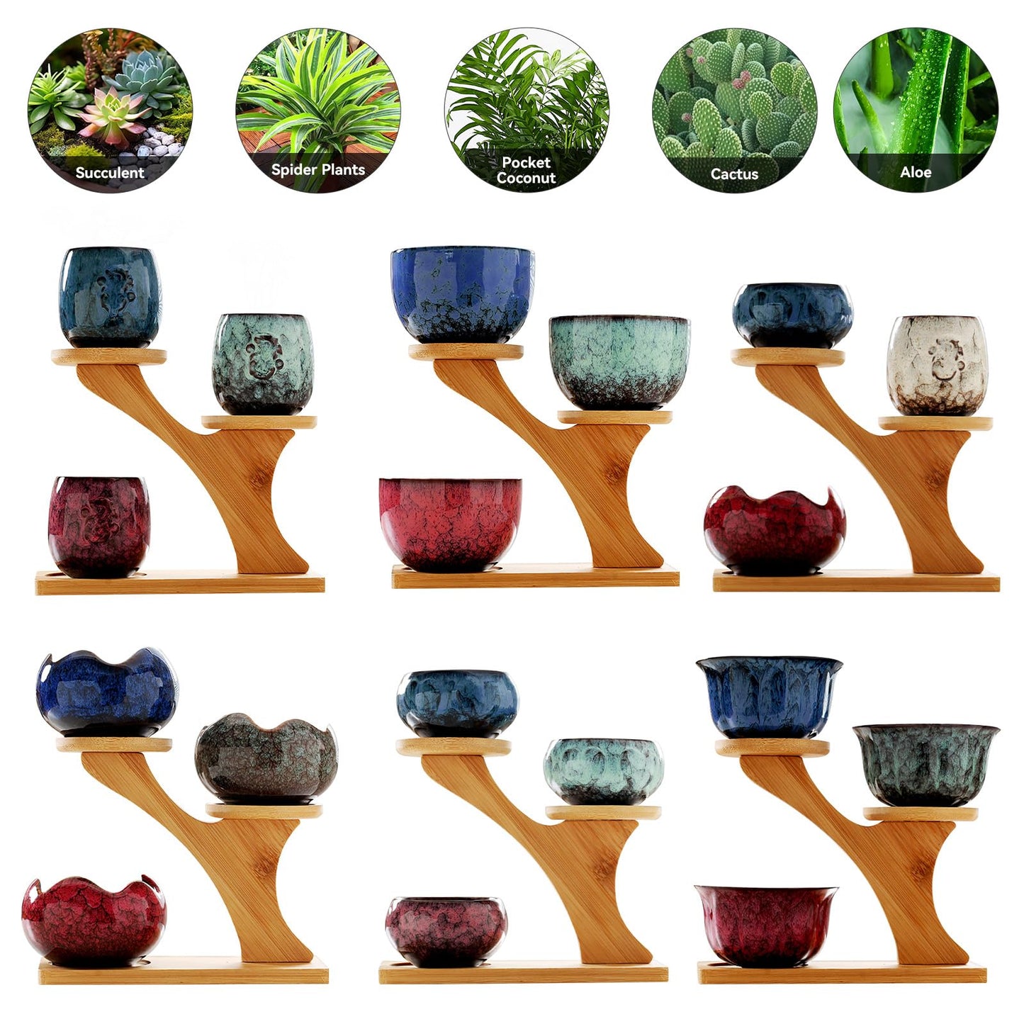 Jueison Succulent Pots with 3 Tier Bamboo Saucers Stand Holder Modern Decorative Ceramic Flower Pots with Drainage Mini Cactus Plant Pot Planters for Indoor Home Office Desk Garden Decor (#006)