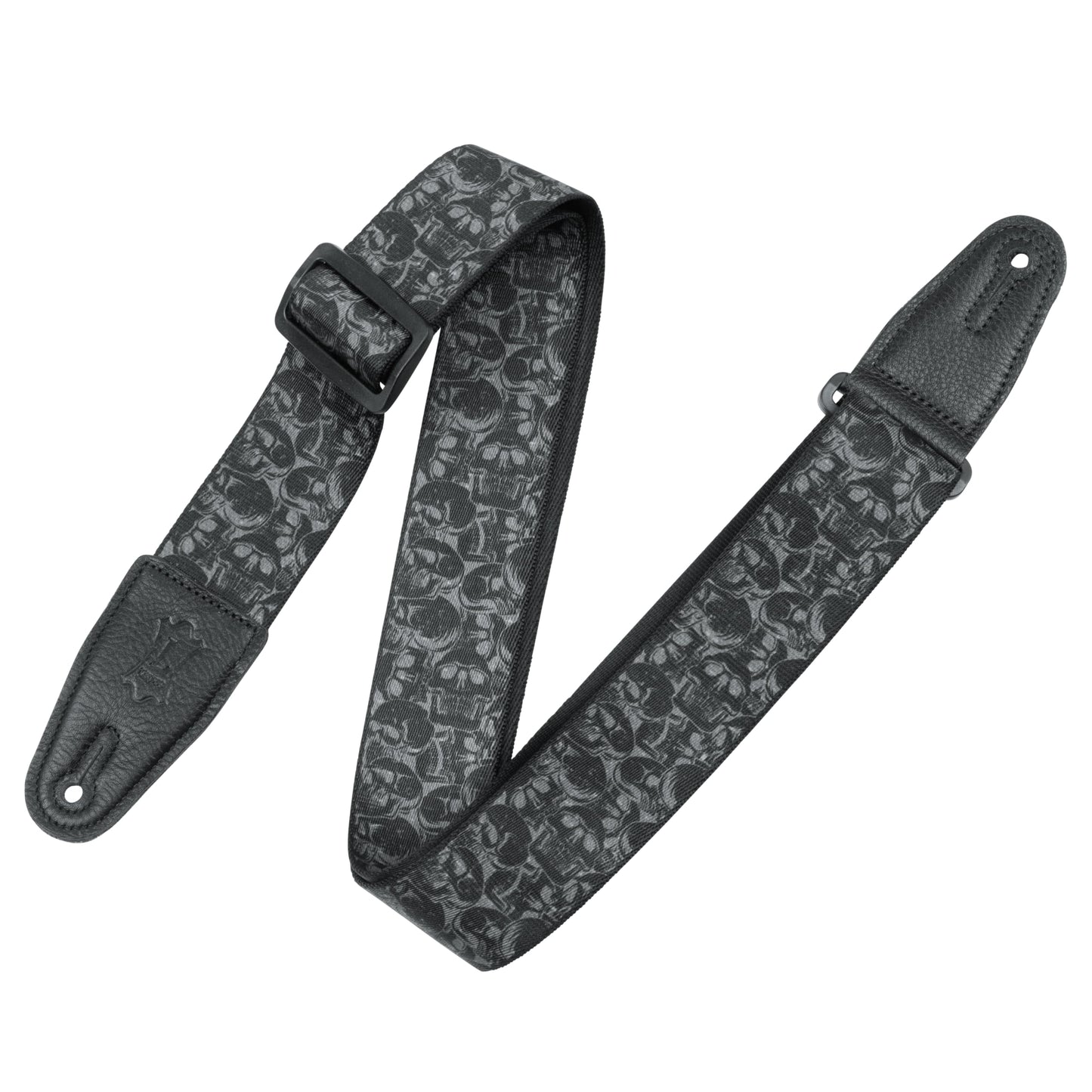 Levys Leathers 2 Wide Polyester Guitar Strap with Genuine Leather Ends; Black & Grey Skulls Motif (MPD2-111)
