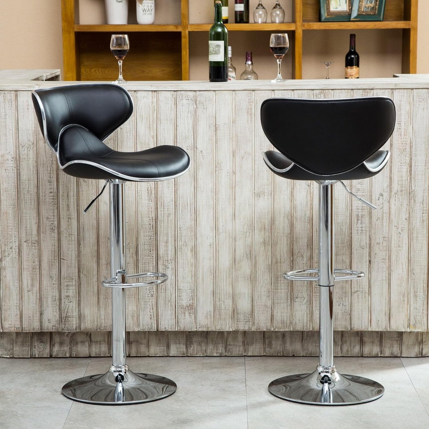 Roundhill Furniture Masaccio Cushioned Leatherette Upholstery Airlift Adjustable Swivel Barstool with Chrome Base, Set of 2, Black