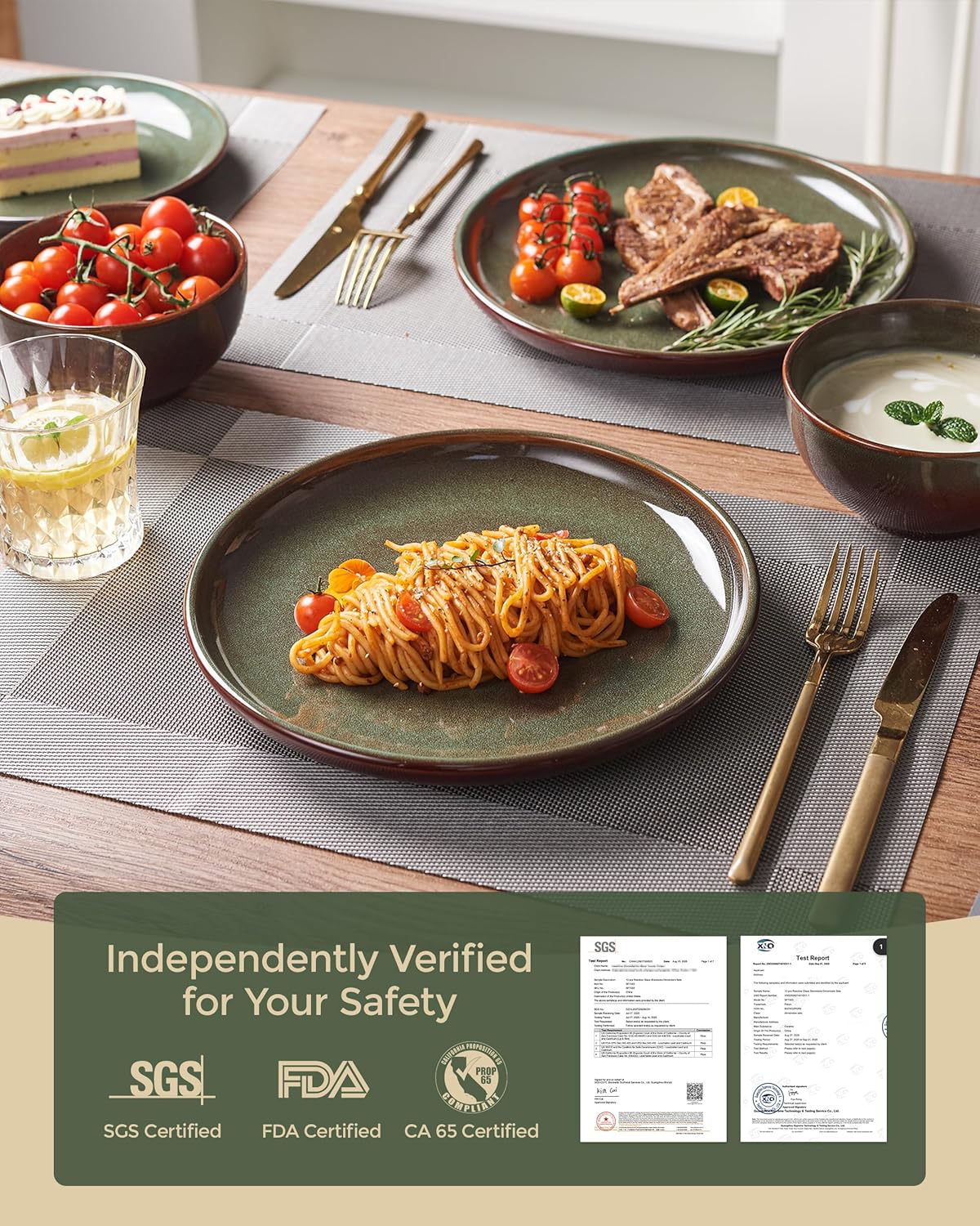 Stoneware Dinnerware Sets Service for 4, 12 pcs Reactive Glaze Plates and Bowls Sets, Handmade Ceramic Dish Set, Highly Chip and Crack Resistant Modern Plate Set, Brown Green