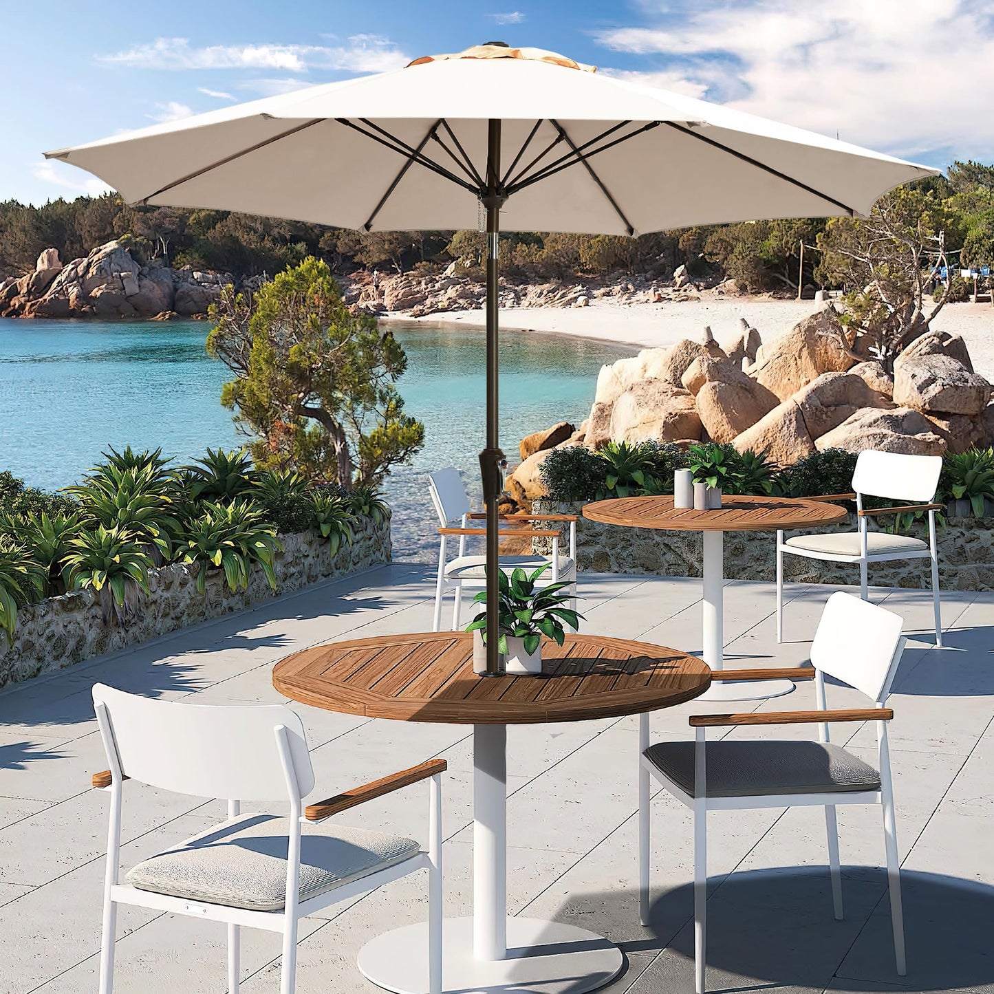 LOUNZY 9FT Large Outdoor Patio Umbrella Table Umbrella-UV Resistant,Easy Push Button Tilt and Crank,8 Sturdy Fiberglass Ribs Pool Umbrella for Patio,Backyard,Deck,Yard,Market,Beige