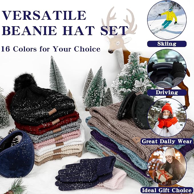 Winter Hat Scarf Gloves and Ear Warmer, Warm Knit Beanie Hat Touch Screen Gloves Set Winter Gifts Neck Scarves for Women