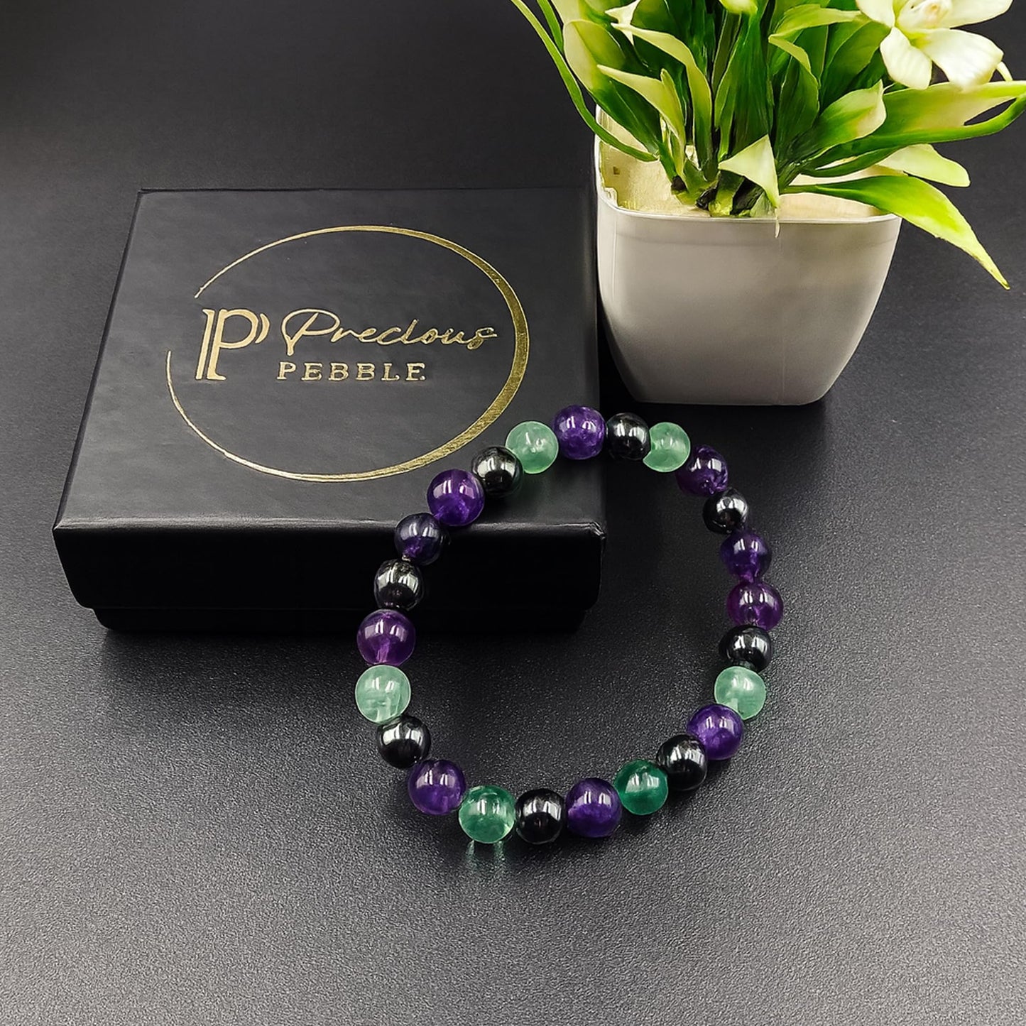 PRECIOUS PEBBLE Amethyst, Fluorite, Hematite Bracelet for Men & Women – Natural 8mm Beads for Calm, Focus & Inner Balance – Adjustable Stretch Fit Crystal Bracelets for Daily Wear & Meaningful Gift
