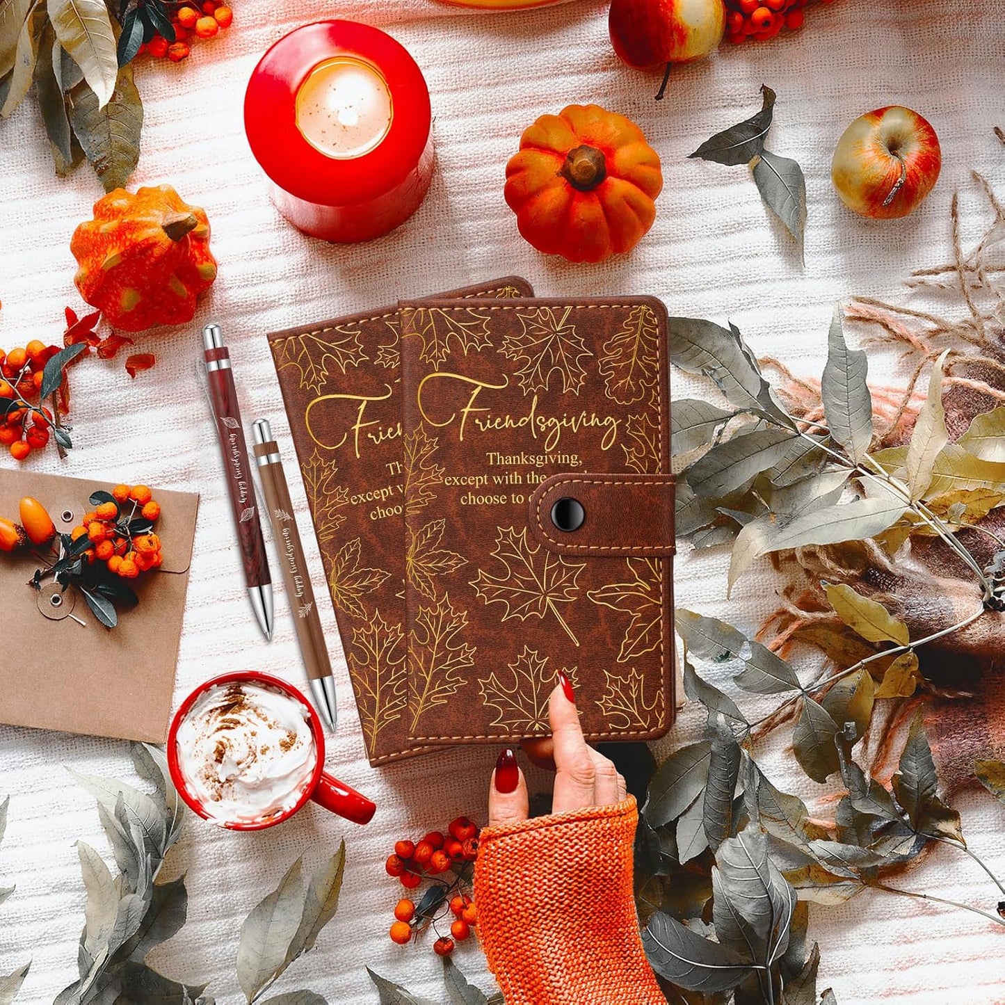 10 Sets/20 Pcs Friendsgiving Gift Bulk Thanksgiving Notebooks Maple Leaf A6 Leather Journals with Bamboo Pens Friendsgiving Party Favors Christmas Sisterhood Gift for Women Friends Bestie Sorority