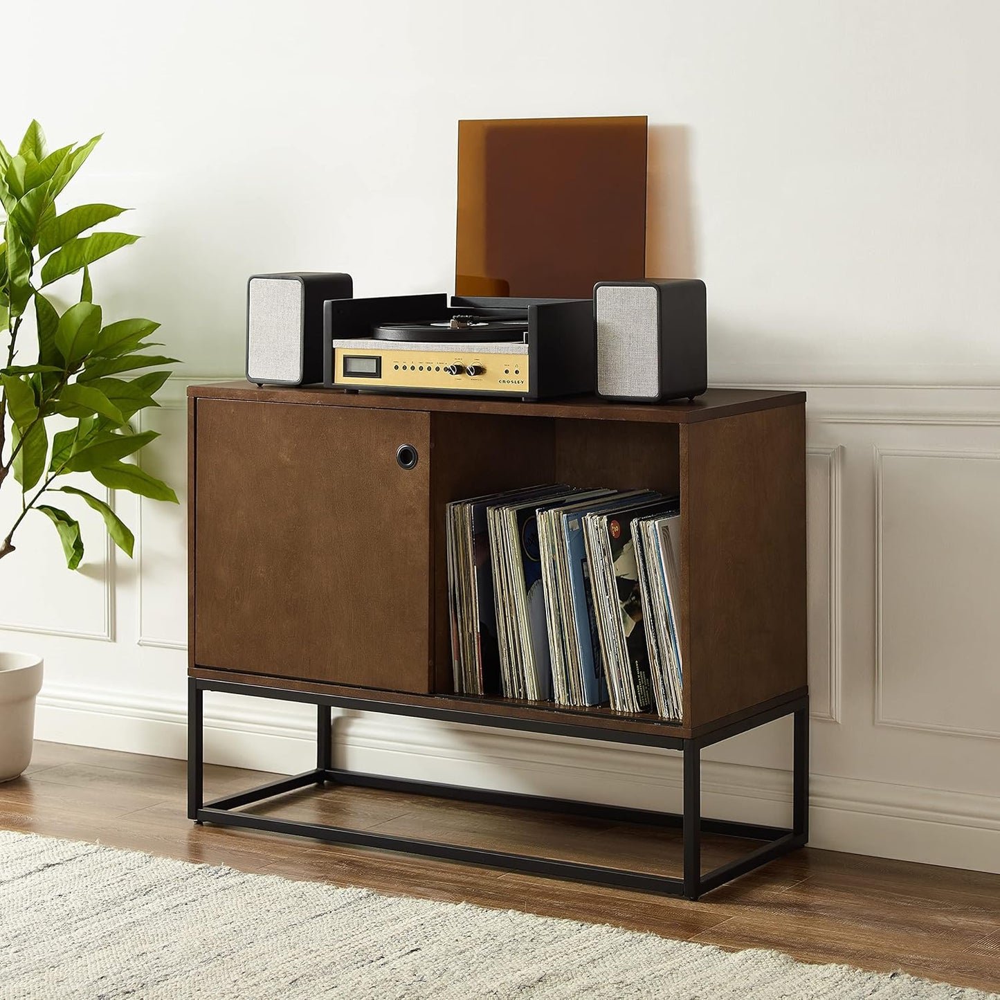 Crosley Furniture Byron Media Console and Record Player Stand with Storage for Vinyl Records, Brown/Black