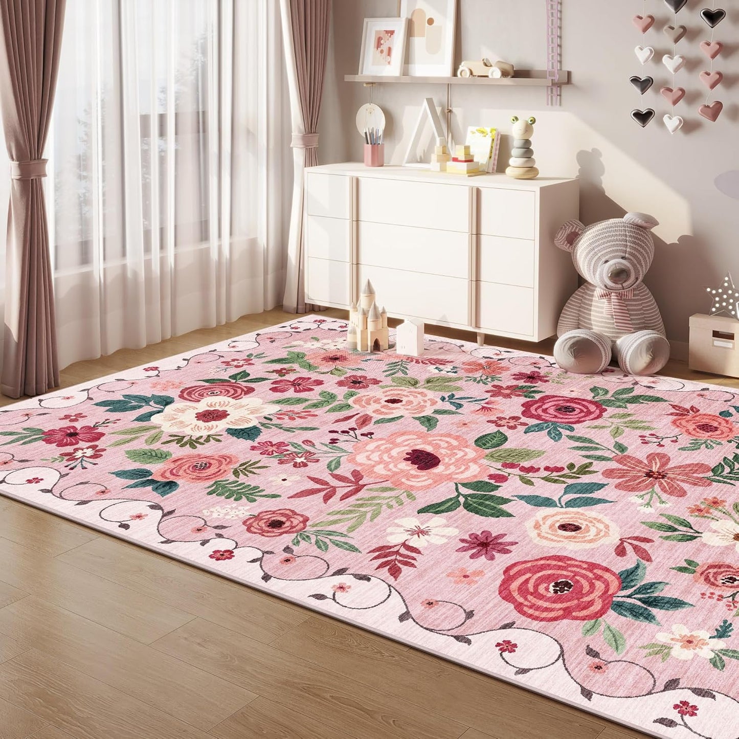 DUKINO 6x9 Area Rug, Floral Rugs for Living Room, Lightweight Non Slip Washable Rug, Indoor Low Pile & Non-Shedding Boho Design Rugs for Bedroom, Living Room, Dining Room, Pink