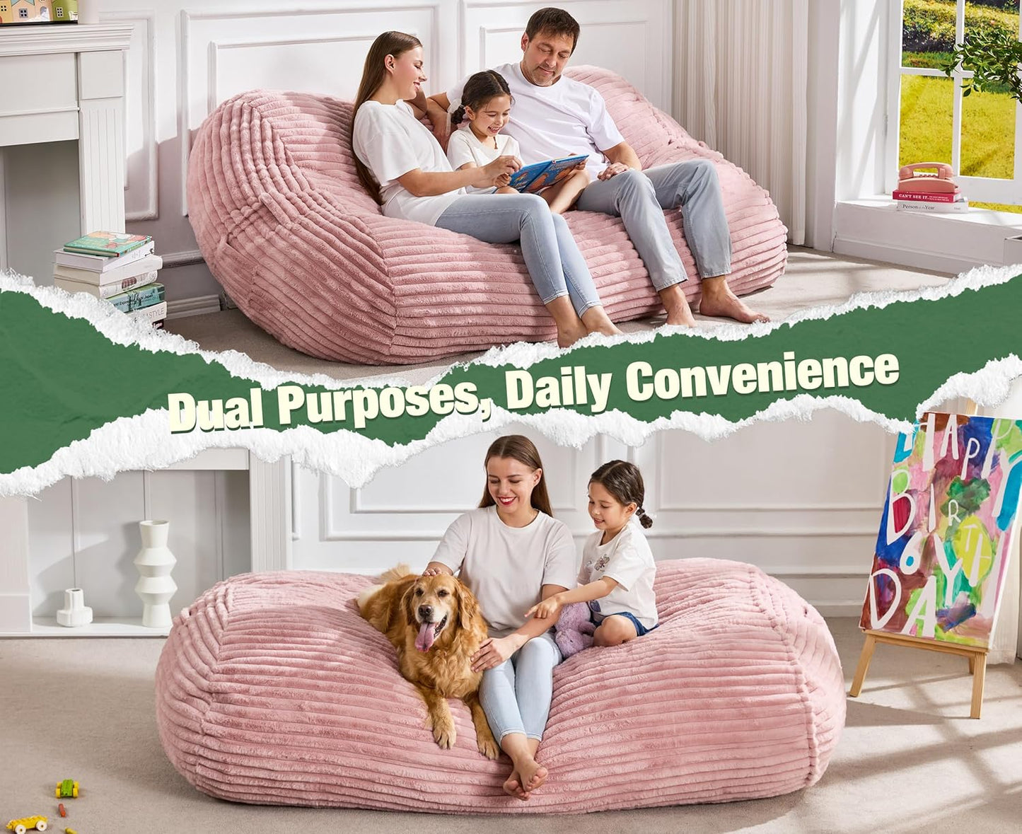Hobestluk 6FT Bean Bag Chairs Adult Bean Bag with Portable Handle Comfy Large Bean Bag Lounge Chair with Removable Cover for Living Room Bedroom (Stripe Pink, 6FT)