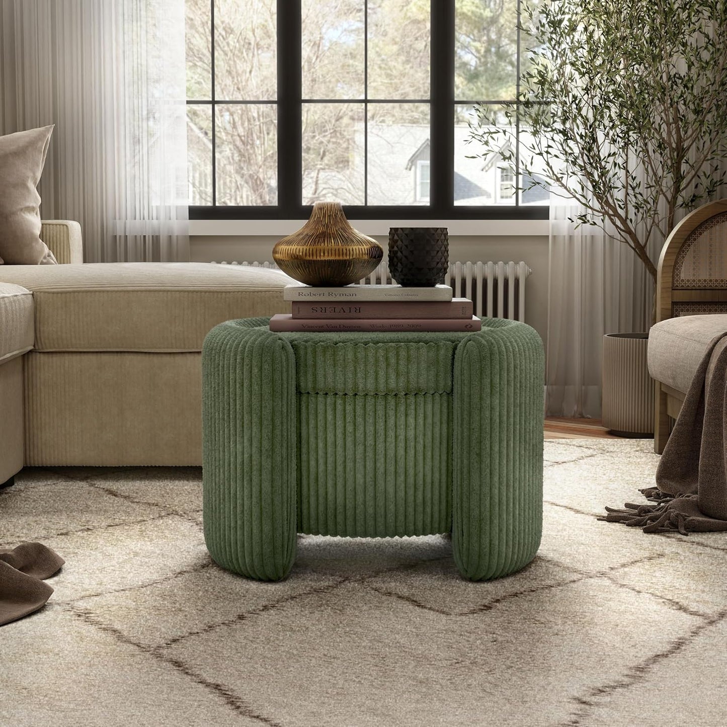 Furniture of America Lennox Modern Chenille 25-inch Round Storage Ottoman with Reversible Flip Top, Upholstered Footstool for Living Room, Bedroom, Entryway, Green