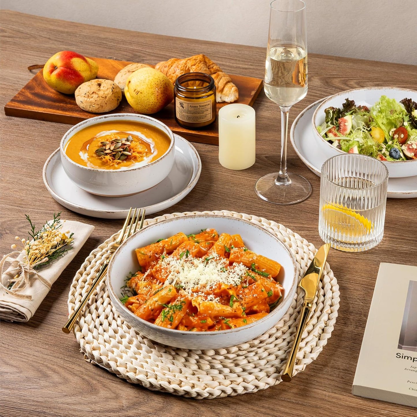 AmorArc Ceramic Dinnerware Sets with Pasta Bowls for 4, Handpainted Plates and Bowls Set with Rustic Terracotta Underside, Scratch Resistant Dishes Set, Dishwasher & Microwave Safe, 16 Pcs-White