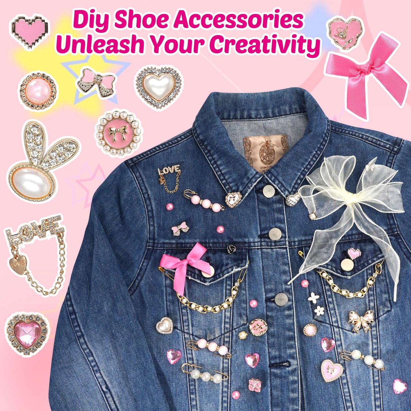 Lugailly Shoe Charms for Sneakers, Junk Socks Charms Kit, 100 PCS Pink Sneaker Charm for Women Teen Girls with Satin & Lace Shoelaces, Cute Shoelace Charm for Shoe Jewelry Decoration Accessories