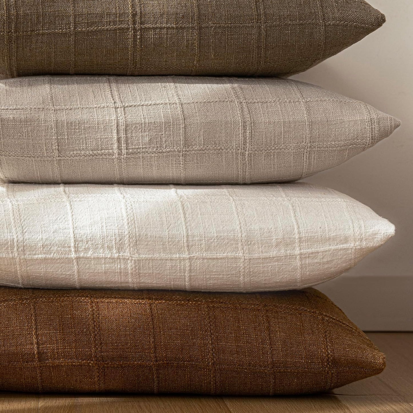 Foindtower Set of 2 Decorative Linen Check Throw Pillow Covers Neutral Farmhouse Vintage Cushion Covers Modern Boho Home Decor For Sofa Chair Couch Bedroom Living Room Outdoor,18×18 Inch,Natural Linen