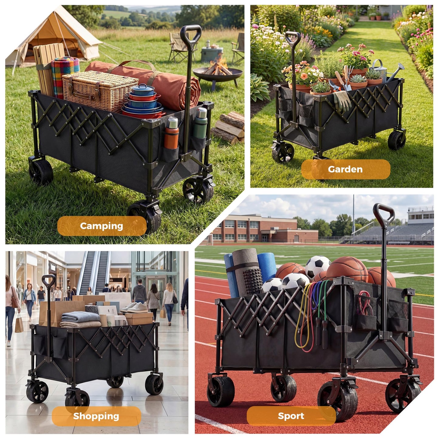 OLIXIS Collapsible Wagon Cart - 440lbs Foldable Extra Long Heavy Duty Utility Wagon with Wheels, Portable Storage Grocery Cart for Camping, Shopping, Sports, Beach, Garden (Black, 48" L)