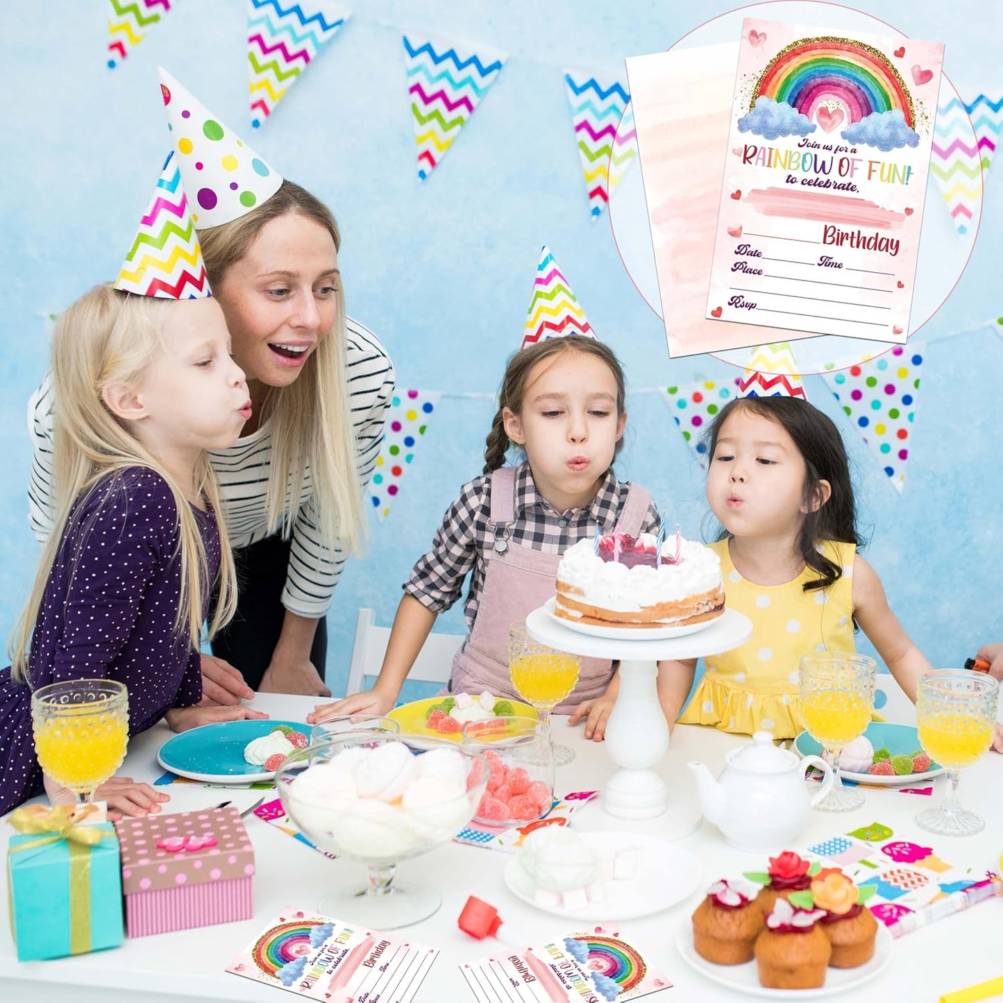 Rainbow Birthday Invitations, 20 Invitation Cards with Envelopes, Colorful Clouds Invites for Girl Party Decorations Favor Supplies - A09