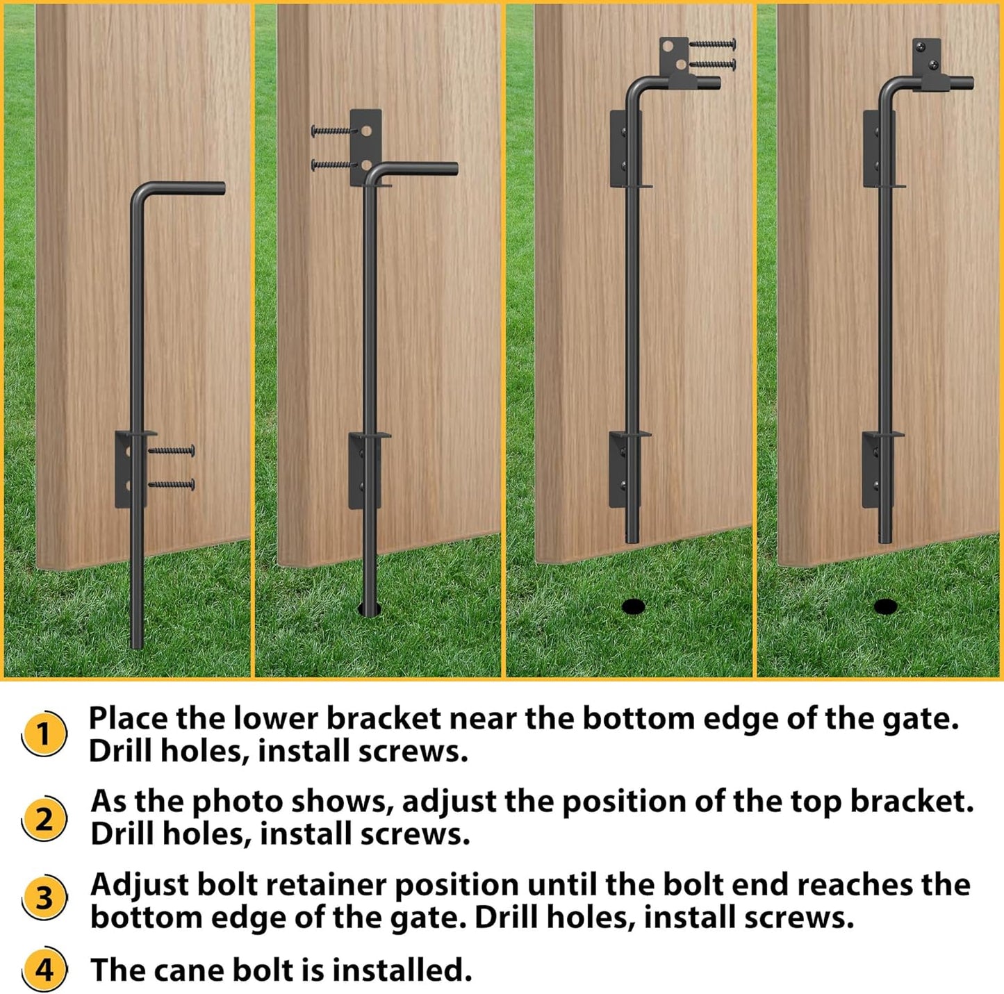 24" Heavy Duty Cane Bolts for Gates with Upgraded Square Hardware Gate Drop Rod with Black Finish for Wood PVC Vinyl Fences Gates, Double Doors-2 Pack