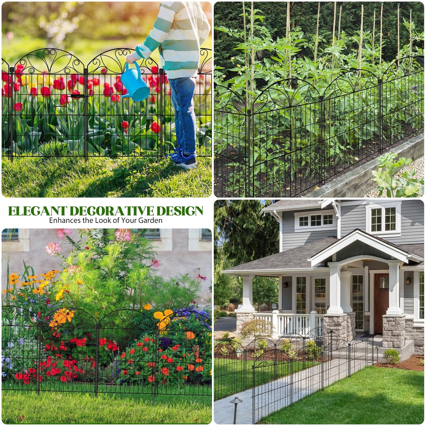 6 Panels No Dig Garden Fence with Gate, 32" H x 11ft, Decorative Metal Animal Barrier Dog Fence Outdoor for Yard, Walk-Through Iron Fencing for Flower Bed, Patio & Vegetable Garden
