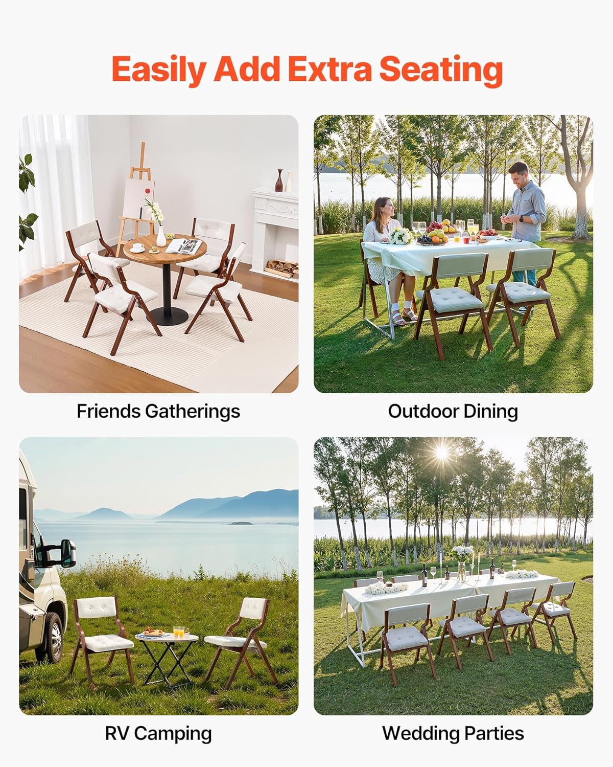 VEVOR Wooden Folding Chairs with Cushion, Set of 2, Portable Foldable Cushion Chair with Wooden Frame, Modern Padded Dining Chair for Kitchen, Office, Wedding, Party, Dining Room, Easy Assembly, White