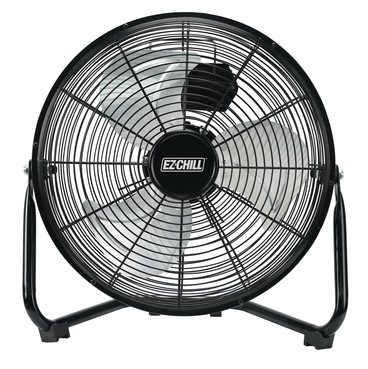 EZ-CHILL 12 Cradle Floor Fan, 3 Speed, High Velocity, 180 Degree Adjustable Tilt, All-Metal, Carry Handle, Rubber Feet, Airfl