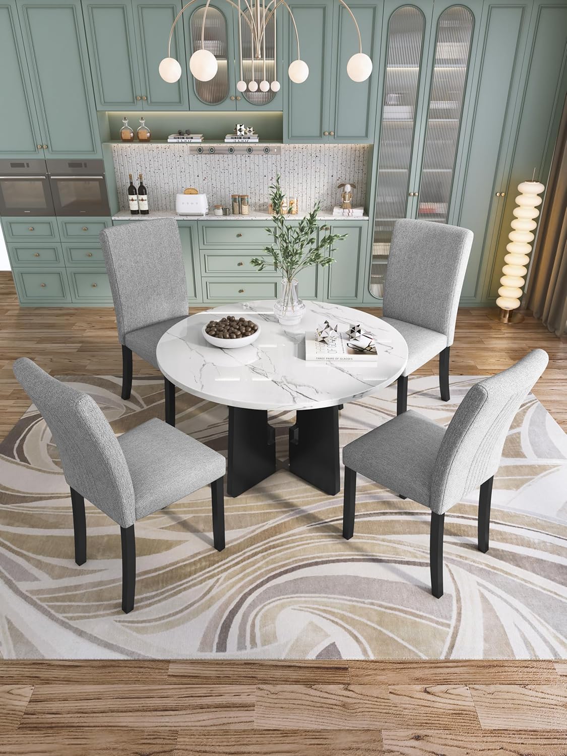 Merax 5-Piece Round Dining Table Set, Modern 4 Upholstered Chairs for Living,Kitchen Room, 43 Inch, White+Gray