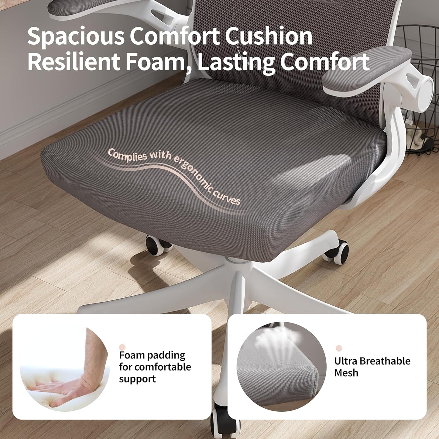 Monhey Office Chair Ergonomic Desk Chair with Lumbar Support&Headrest&Flip-up Arms Height Adjustable Rocking Swivel High Back Computer Chair Warm Taupe Mesh Study Chair (02White+Grey)