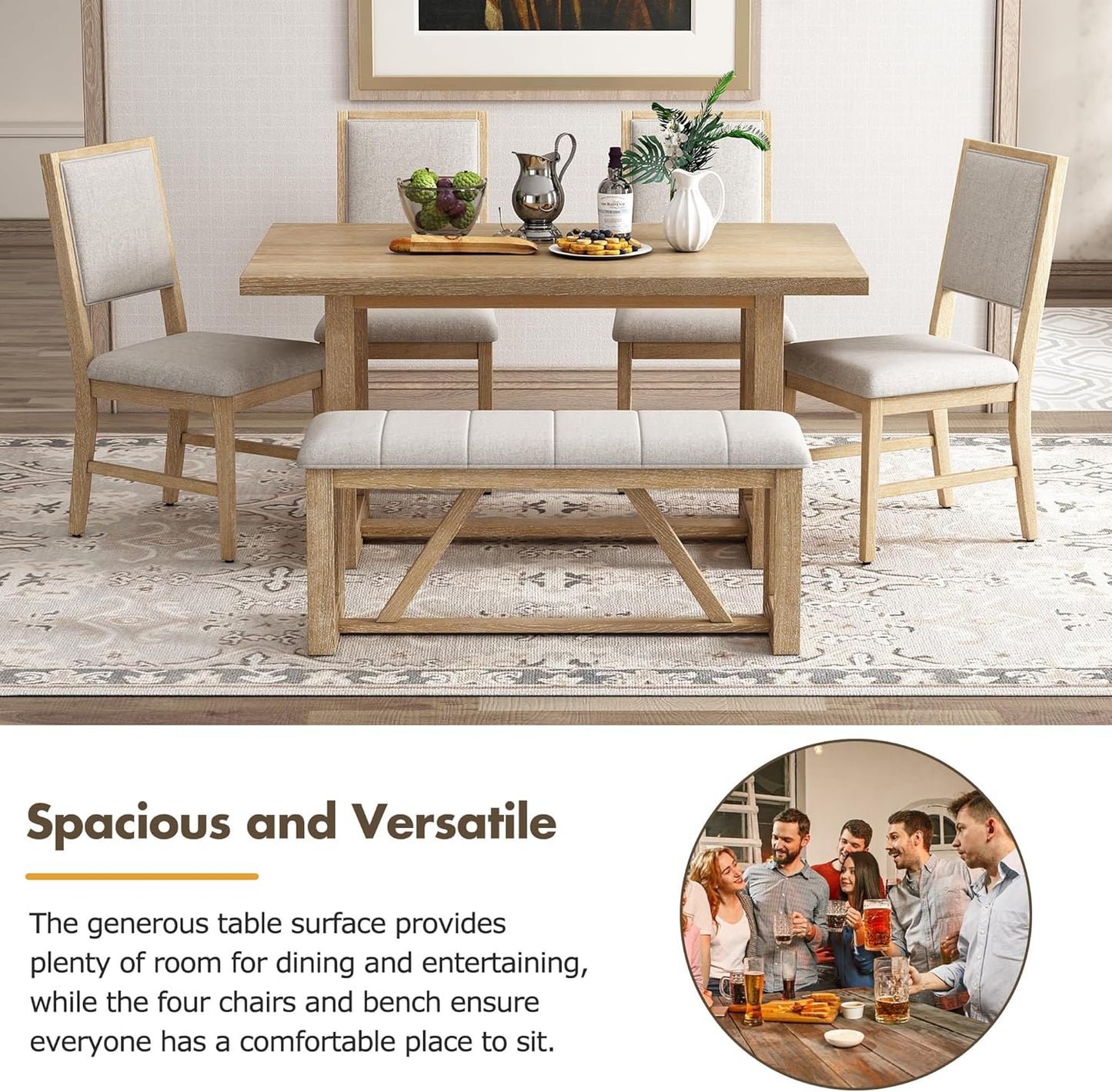 Merax Farmhouse Wood 6-Piece Dining Set, 59.6 inch Rectangular Table, 4 Upholstered Chairs and 1 Bench for Kitchen, Natural