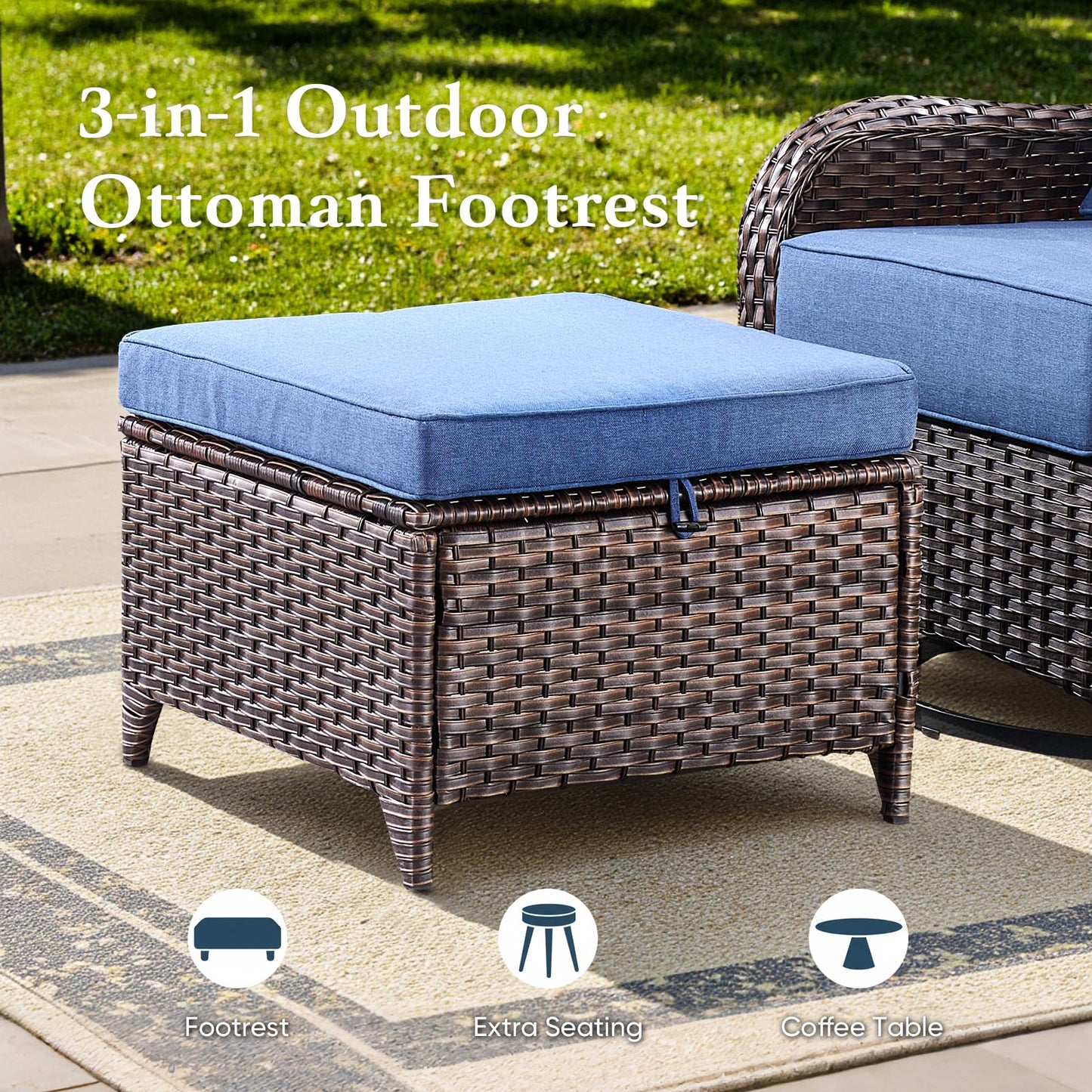Belord Luxury 6" Thick Cushioned 10 Pieces Patio Furniture Set with Fire Pit Table, Wicker Outdoor Conversation Set with High Back Swivel Rocker Chairs for Deck Porch Yard and Poolside - Brown+Blue