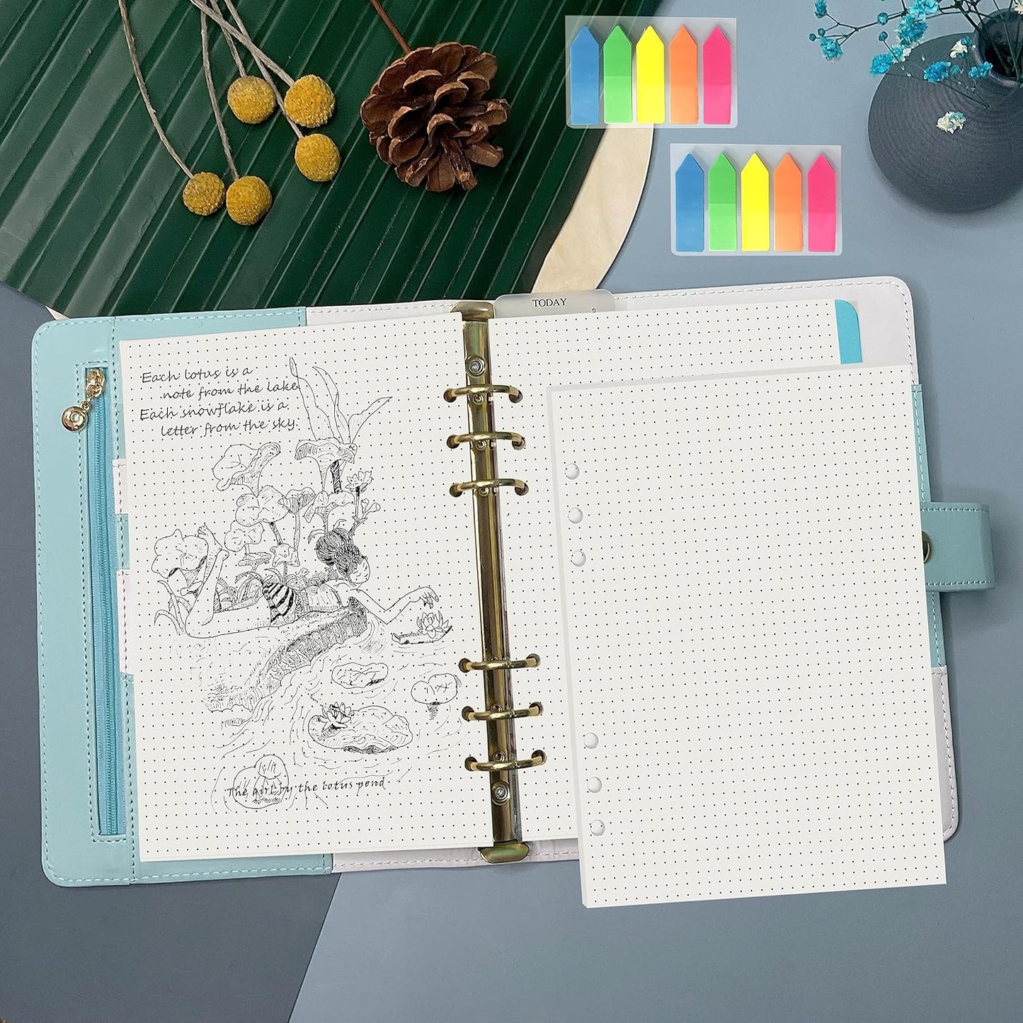 A5 6 Holes Binder Refill Value Set, 90 Sheets Dotted Planner Insert, 5 Sheets Binder Divider Paper, Today Bookmark Ruler With Inch Scale, Translucent Zippered Bag, Pvc Card Bag, 160Pcs Colorful Index