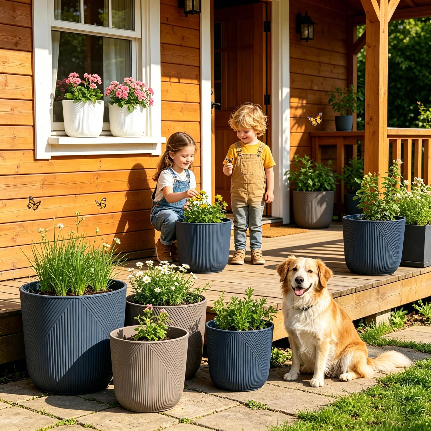 Dexceder 10x9 Striped Table Flower Plant Pot with Drainage Hole & Removable Plug (2 Pack, White)