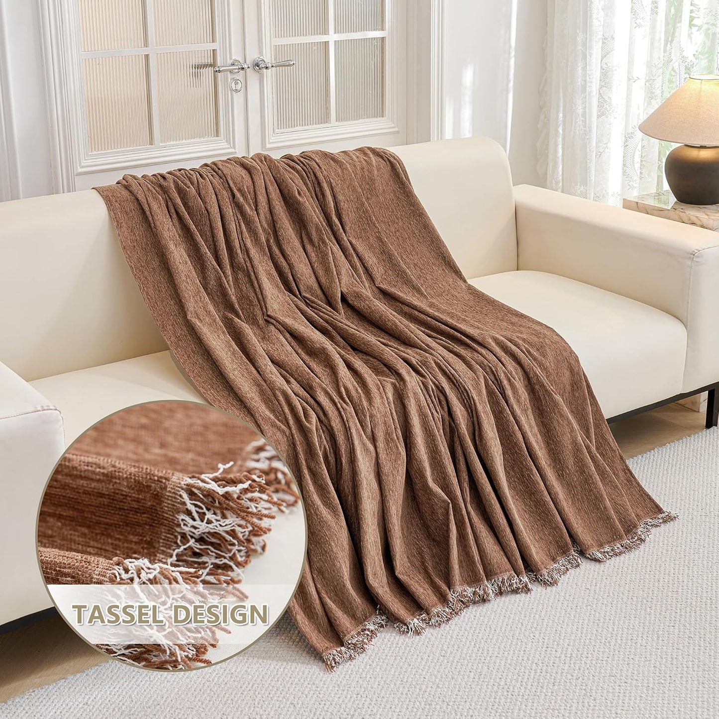 MYSKY HOME Couch Covers for 2 Cushion Couch Sectional Sofa, L Shape Sofa Protector Camel Chenille Couch Cover, Sofa Covers Washable Blanket with Tassel Pet Couch Cushion Cover, 71"X102"