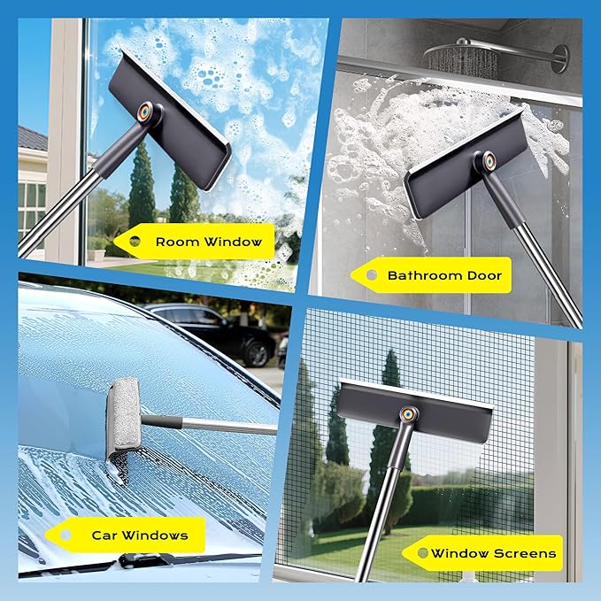 3 in 1 Window Squeegee for Home with 55" Lightweight Extension Poles Streak-Free Microfiber Scrubber for Outdoor/Indoor Windows, Shower Glass Door, Car Windshield, RV/Camper Windows