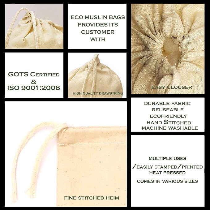 6x8 Inches Natural Cotton Reusable Produce Muslin Bags – Multipurpose Drawstring Storage Pouch for Everyday Use (25)