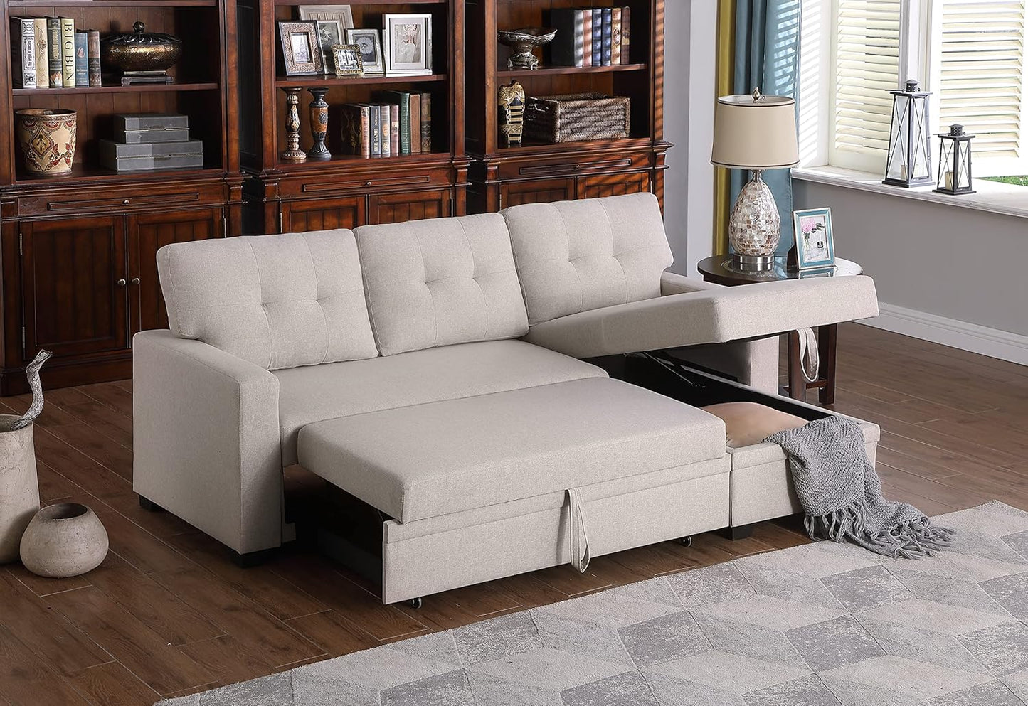 Devion Furniture Philly 4-in-1 Convertible L Shaped Couch with Pull Out Bed and Storage, Sectional Sleeper Sofa with Reversible Chaise for Living Room, Apartment, Bedroom, Office