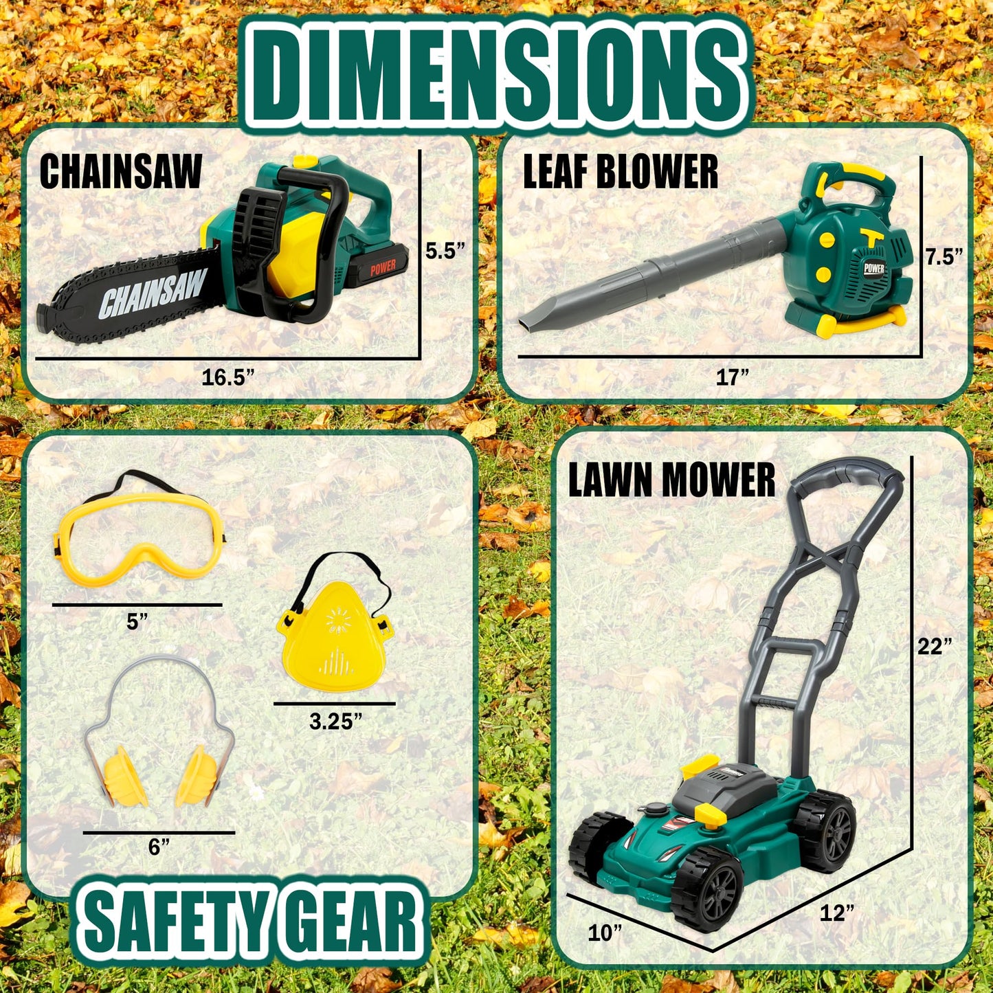TeganPlay Kids Leaf Blower, Toy Chainsaw, and Lawn Mower Set | Realistic Toddler Landscaping Power Tools with Sound and Action| Includes Safety Goggles Mask and Earmuffs