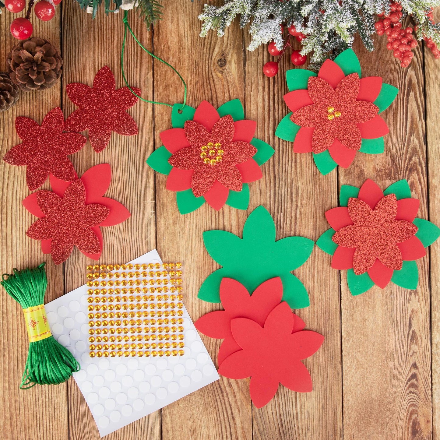 LFUTARI 30 Pcs Christmas DIY Poinsettia Flowers Craft, Foam Poinsettias Flower Ornaments, Christmas Glitter Red Flowers DIY Decoration for Holiday Home Party Tree Garland Wreath Porch Stair Decor
