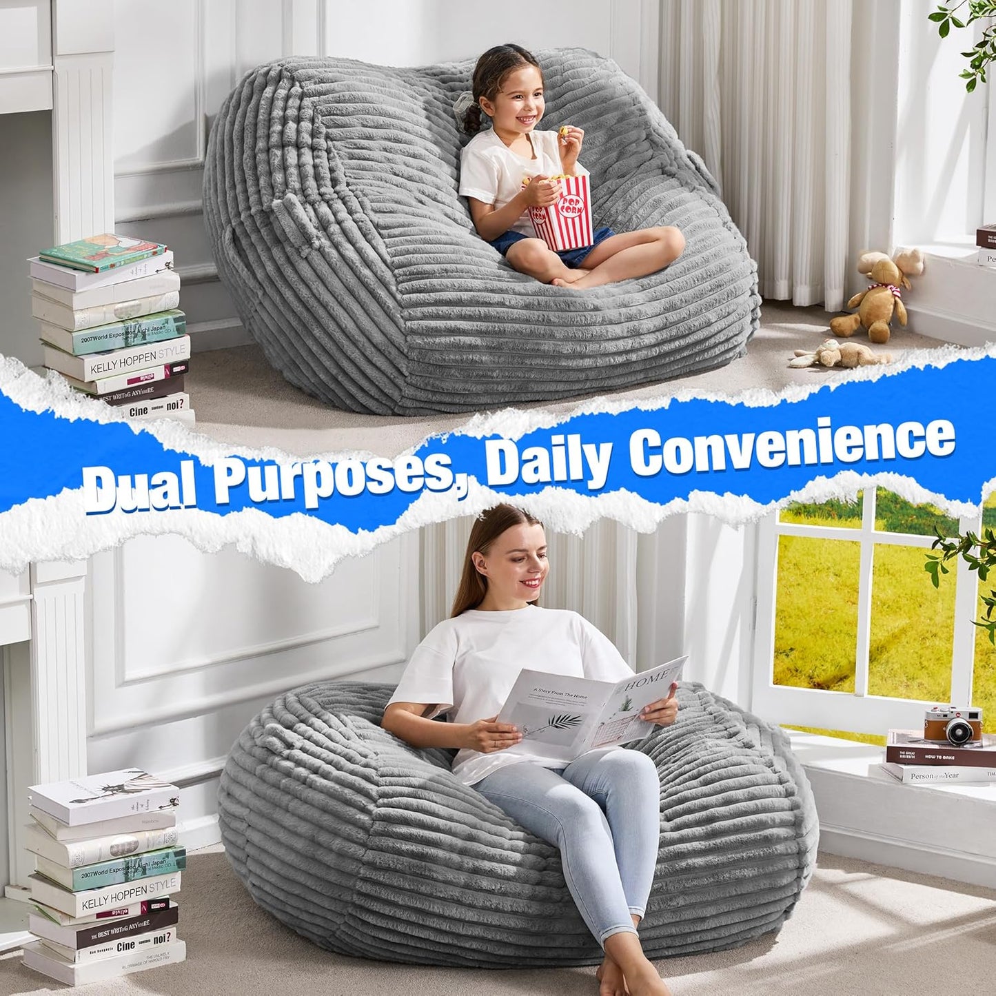 Hobestluk 3FT Bean Bag Chairs Adult Bean Bag with Portable Handle Comfy Large Bean Bag Chair with Removable Cover for Living Room Bedroom or Reading Nook (Stripe Grey, 3FT)