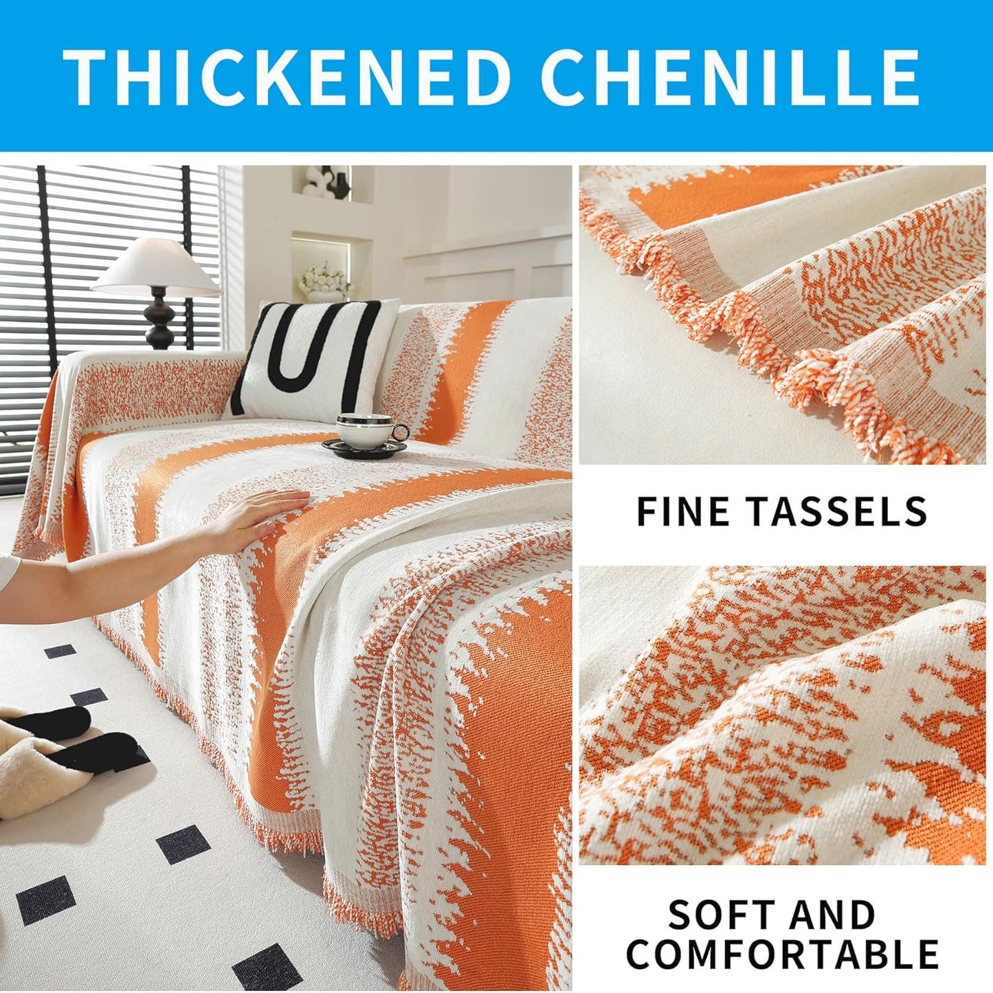 LUFEIJIASHI Boho Couch Covers for Sofa Non Slip Sofa Covers Washable Couch Covers for 3 Cushion Couch Sofa Pet Friendly Sectional Couch Cover Blanket Furniture Protector for Dogs (Orange, 71"x118")