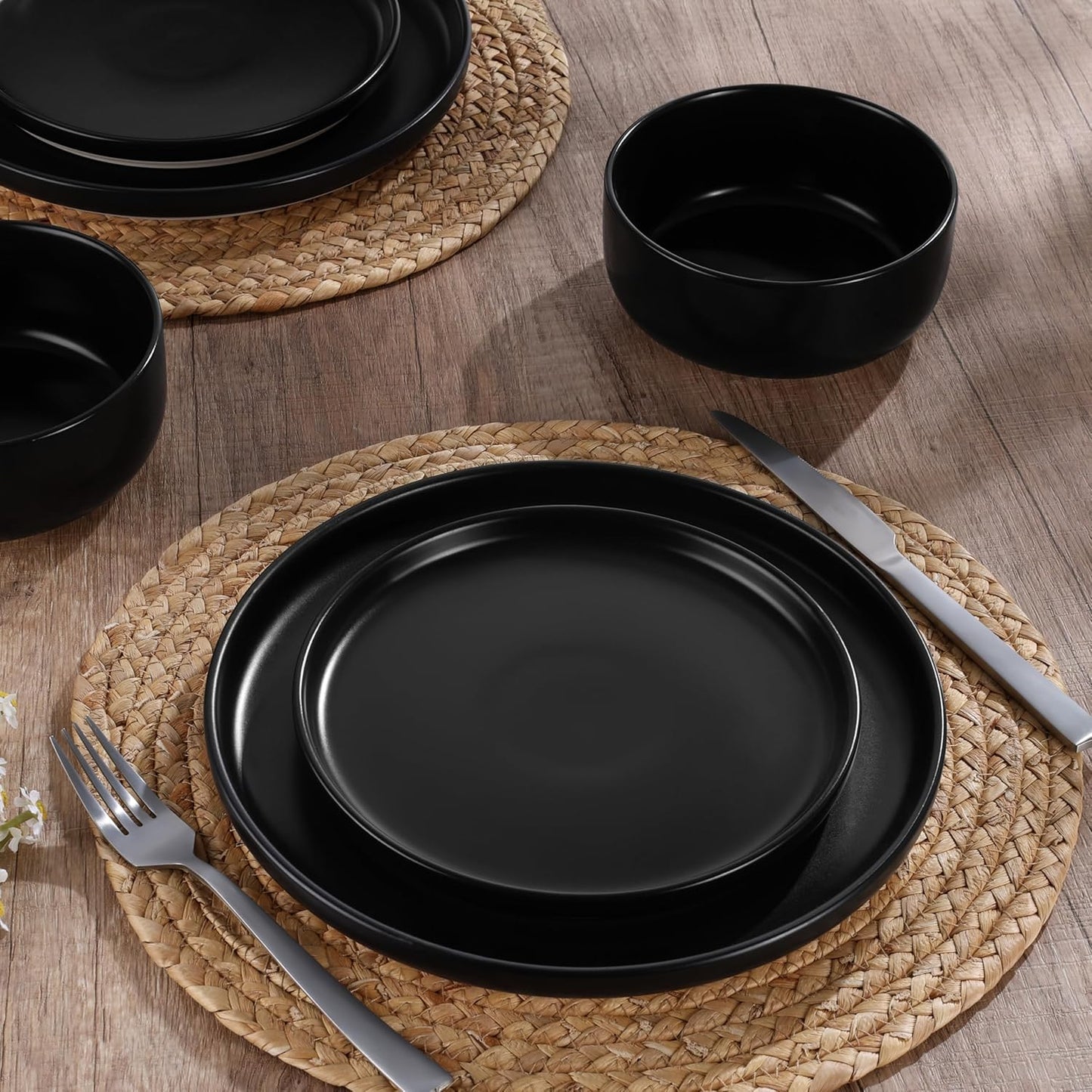 HaWare Stoneware Dinnerware Sets, 24-Piece Plates and Bowls Set for 8, Dishes Set for Home Restaurant, Frosting Black