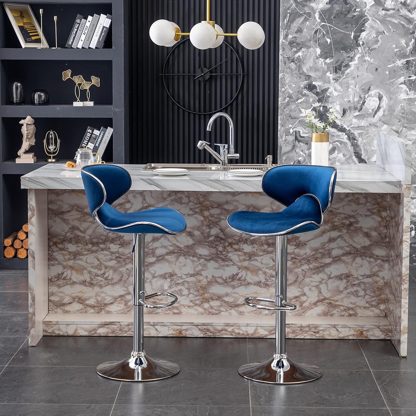 Roundhill Furniture Masaccio Velvet Upholstered Adjustable Swivel Barstool, Set of 2, Blue