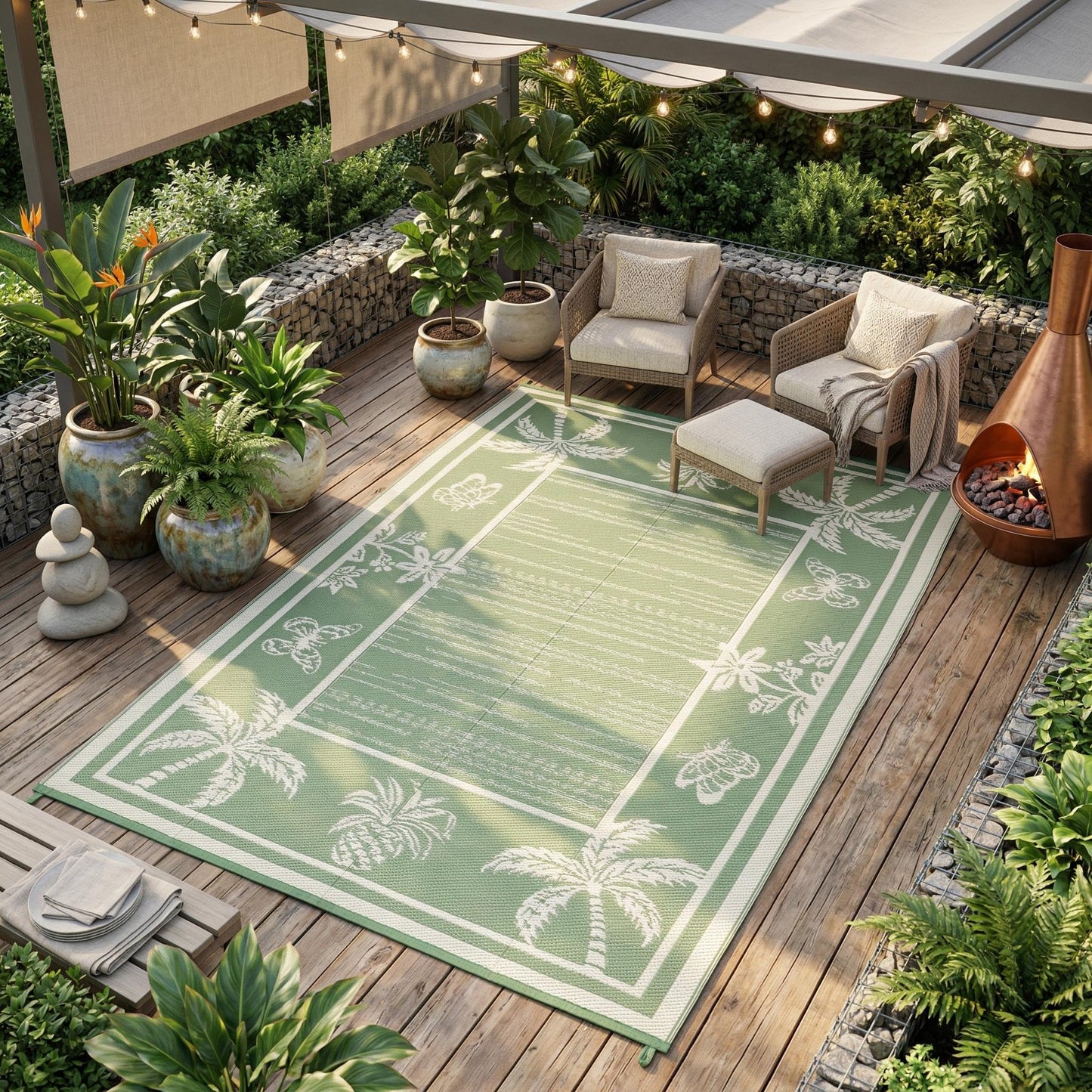 Garvee Outdoor Rug 5x8 Waterproof for Patios, Reversible Plastic Straw Rug, Tropical Leaf Indoor Outdoor Rugs, Large Area Rug for RV, Camping, Deck, Picnic Mat, Outside Carpet, Sage Green & Ivory