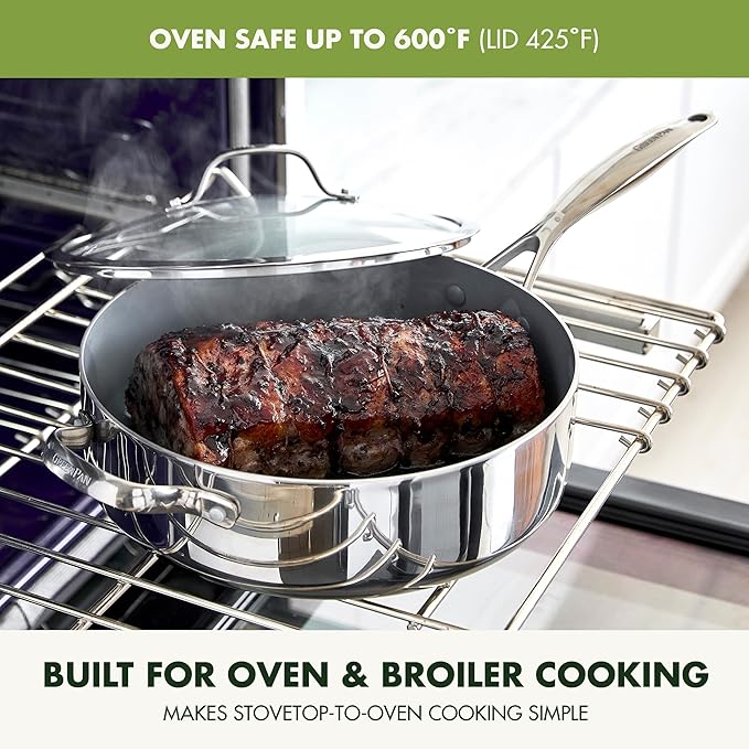 GreenPan Valencia Pro Tri-Ply Stainless Steel 5QT Sauté Pan with Lid, Ceramic Nonstick PFAS-Free Coating, Multi Clad Cookware, Induction, Dishwasher Oven and Broiler Safe