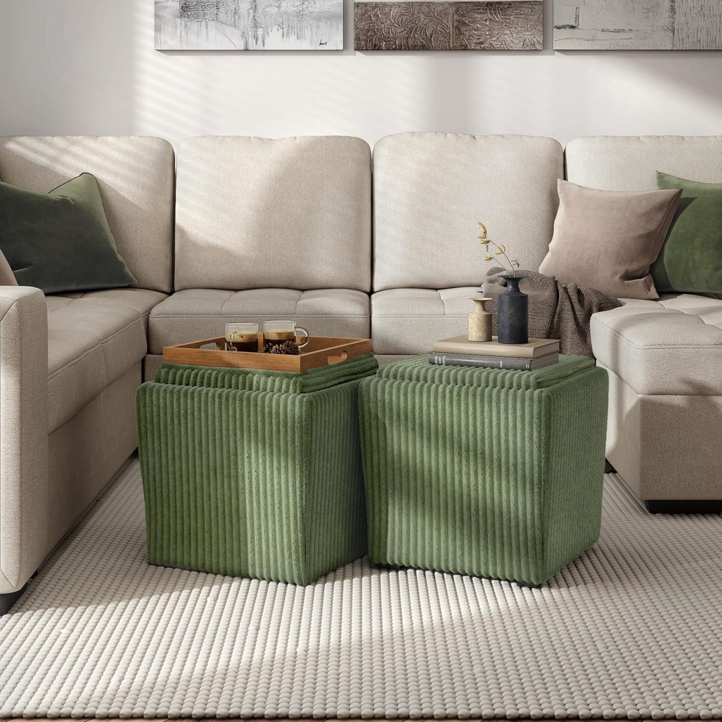 Furniture of America Lennox Modern Chenille 17-inch Square Storage Ottoman with Reversible Tray Top, Upholstered Footstool for Living Room, Bedroom, Entryway, Green