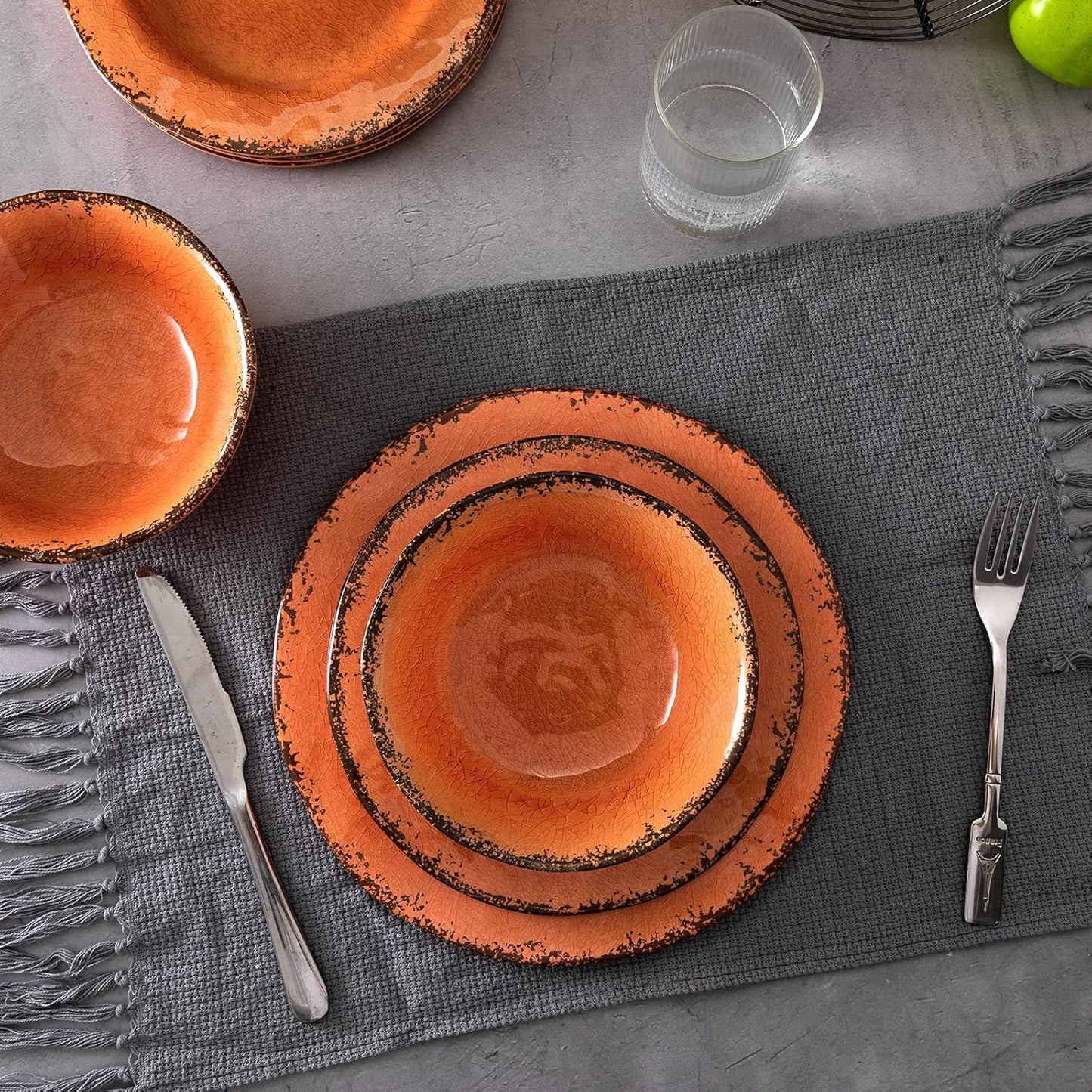 LEHAHA Rustic Farmhouse Melamine Dinner Plates Set of 6, 11 inch Lightweight Camper RV Dishes, Indoor and Outdoor Use, Reusable, Sturdy and Dishwasher Safe, Orange