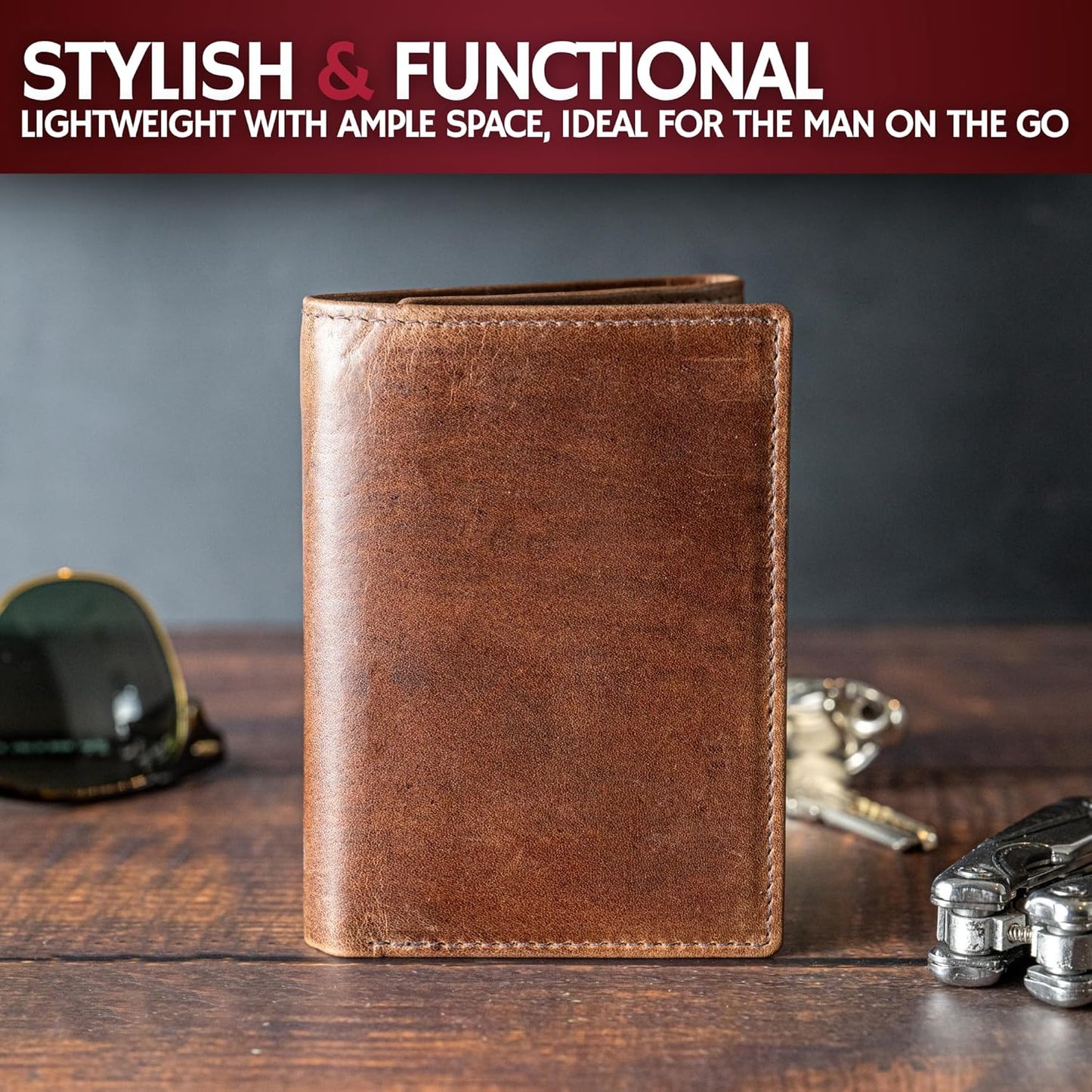 BULL GUARD Leather Trifold Wallets For Men In Grizzly Brown with ID and RFID Blocking Great For Work, Sports, Outdoors, No Logo Design