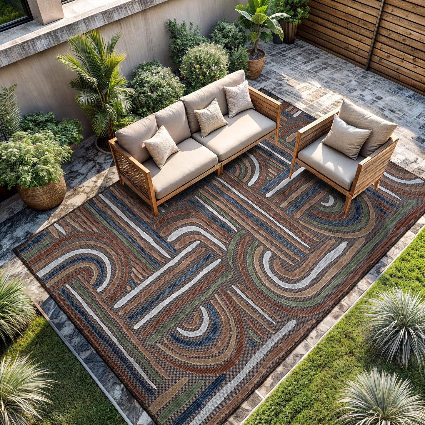 CAMILSON Indoor Outdoor Rug, Brown 8x10 Geometric Arch Striped Area Rugs for Patio and Home Areas, Easy-Cleaning Non-Shedding Living Room, Garden and Deck Washable Outside Carpet (8 x 10)