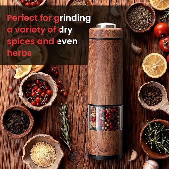Rechargeable Electric Salt and Pepper Grinder Set – Automatic Salt and Pepper Shakers with Wood Base, Adjustable Coarseness, LED Light, One-Hand Operation Salt and Pepper Shakers Set
