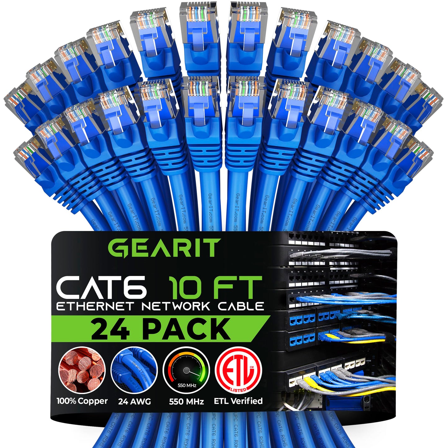 GearIT 24-Pack Cat 6 Ethernet Cable Cat6 Snagless Patch 10 Feet - Snagless RJ45 Computer LAN Network Cord Blue - Compatible with 24 48 Port Switch POE Rackmount 24port Gigabit-New