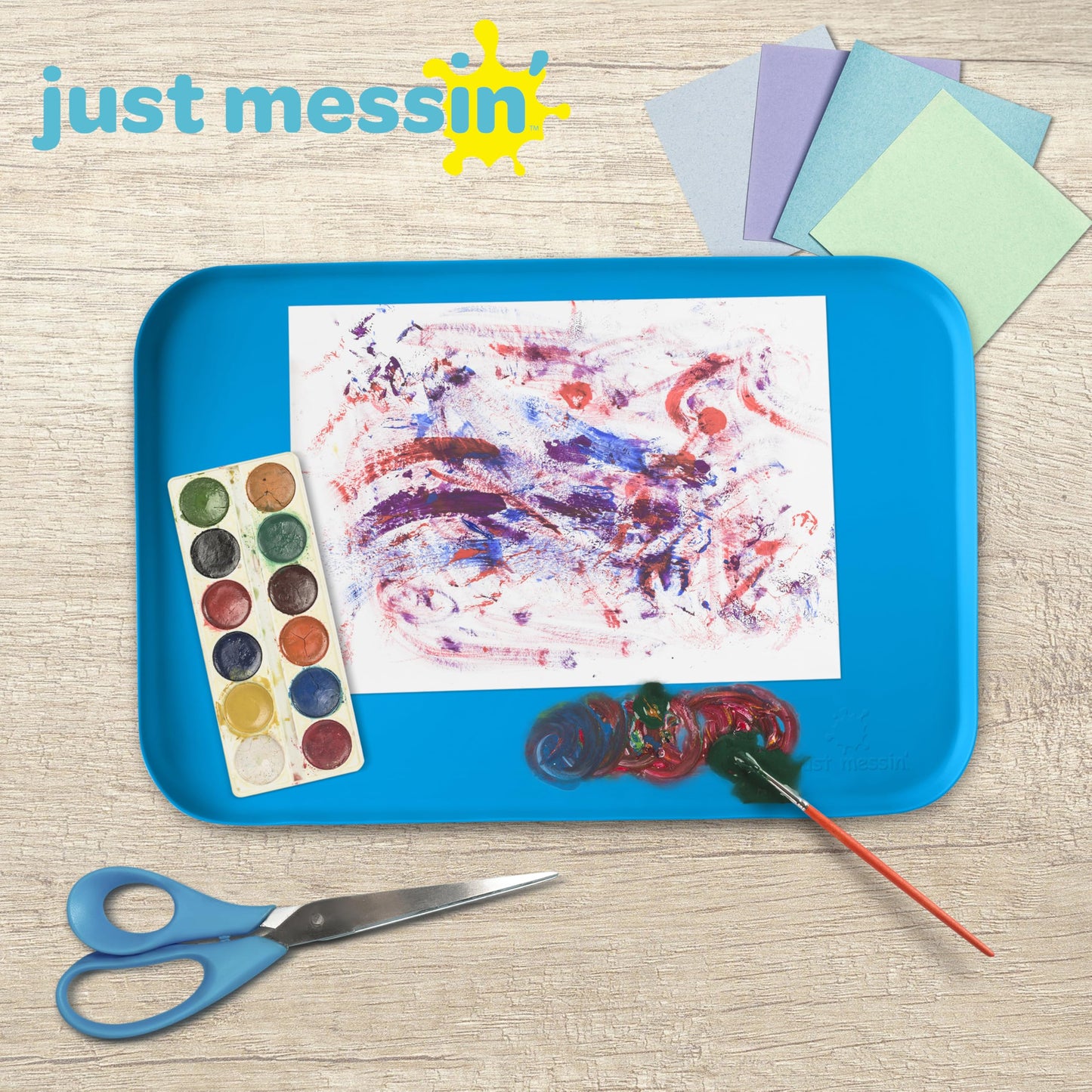 Just Messin’ Silicone Art Mat for Kids, Reusable Non-Slip Heat-Resistant Mat w Raised 0.6" Edges to Contain Mess & Protect Tables/Floors, Arts & Crafts, Resin, Legos, 12"x18", Blue