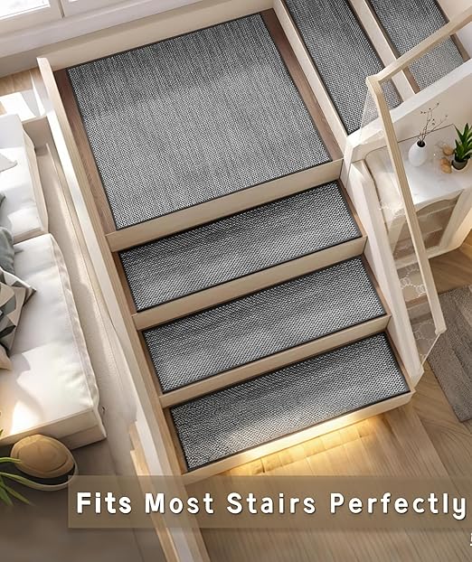 Natural Linen Stair Treads for Wooden Steps, 4 Pcs 8" x 30",Non Slip Stair Runner, Peel and Stick Carpet Indoor for Kids Elders and Pets (4, Black, 8" x 30")