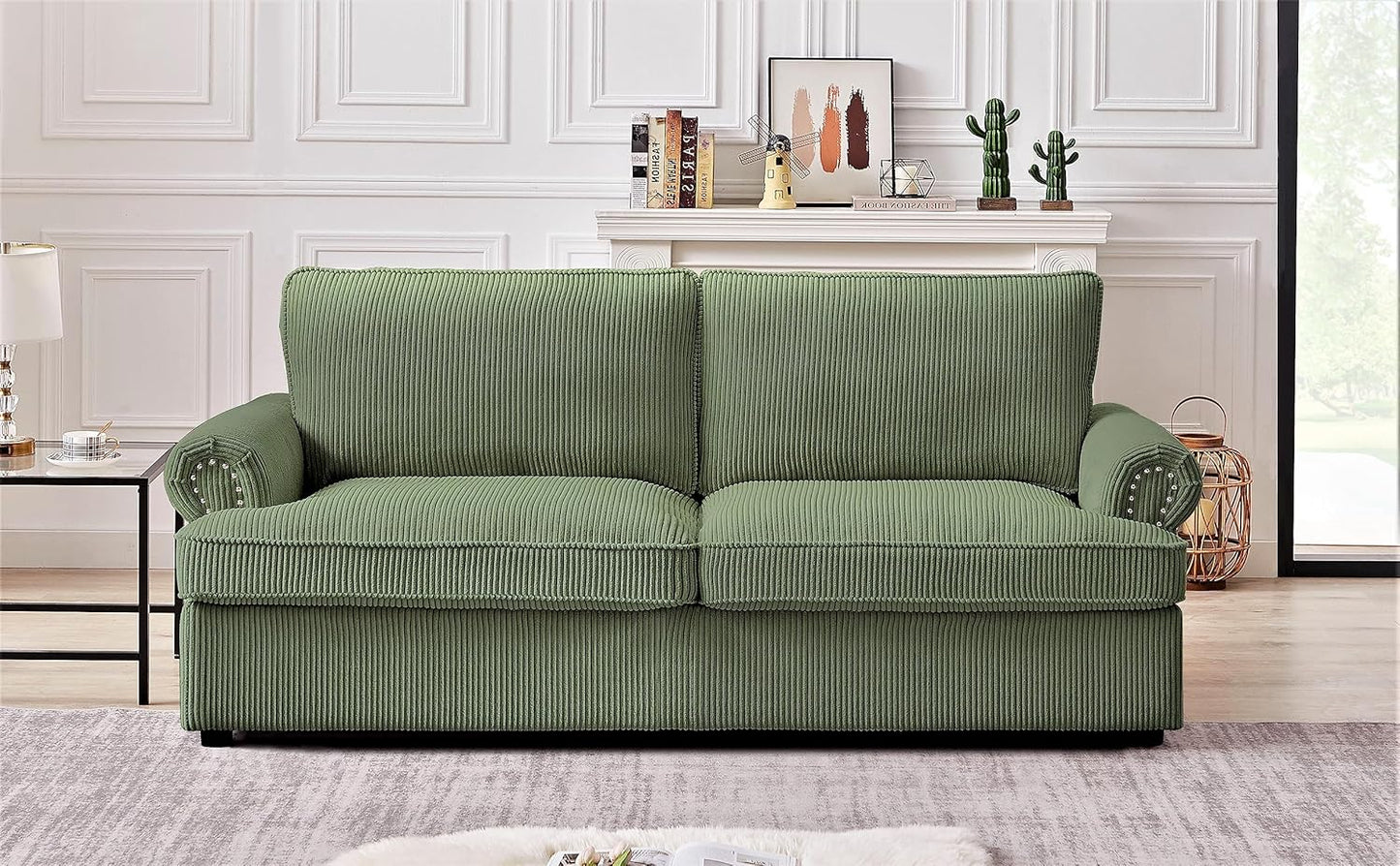 Reversible Sleeper Sofa Bed with Comfortable Memory Foam Mattress, Convertible Corduroy Full Size Pull Out Couch for Living Room, Space Saving Furniture, 72" Wide, Rounded Arms, Dark Green