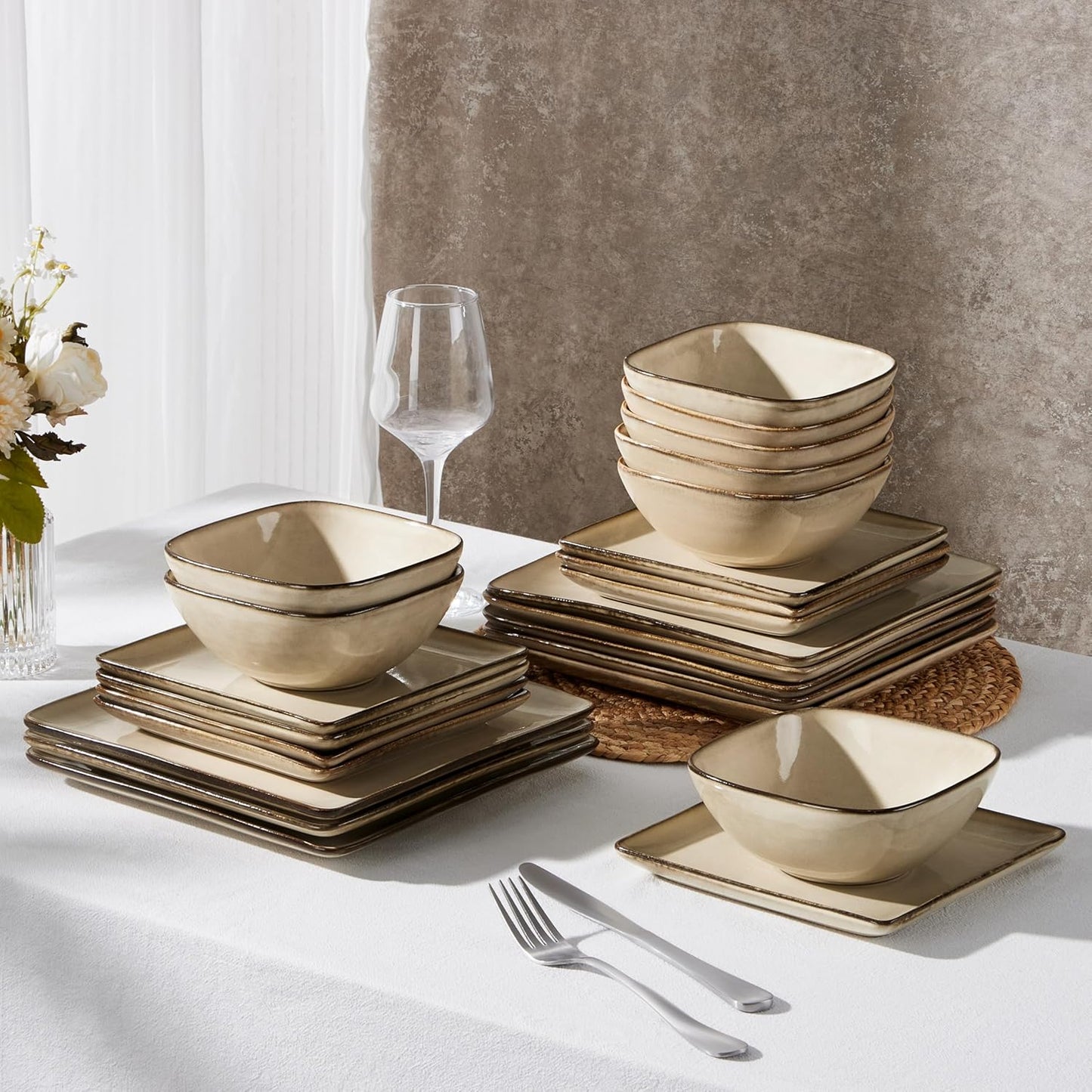 E-far Square Dinnerware Sets for 8, 24-Piece Stoneware Plates and Bowls Dishes Set, Reactive Glaze Porcelain Dishware Sets, Chip & Scratch Resistant, Microwave & Dishwasher Safe, Sandy Beige